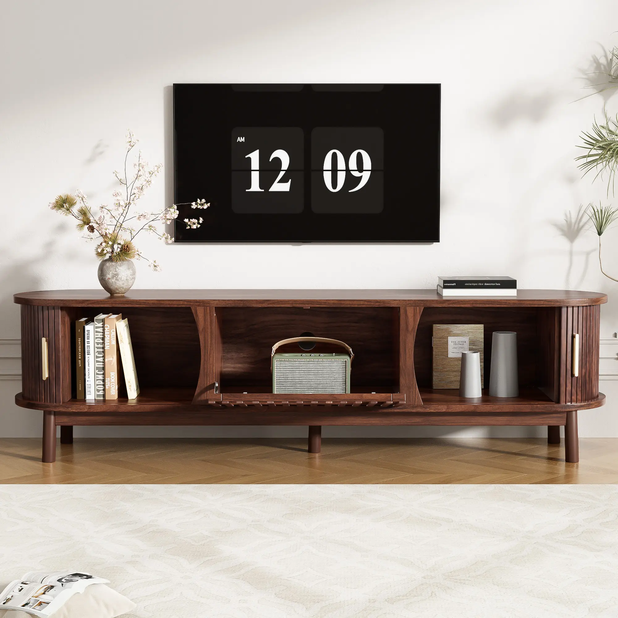 Modern Farmhouse TV Stand For 75 TVs, Wood Entertainment Center With Storage Cabinet, TV Console Table For Living Room, Bedroom