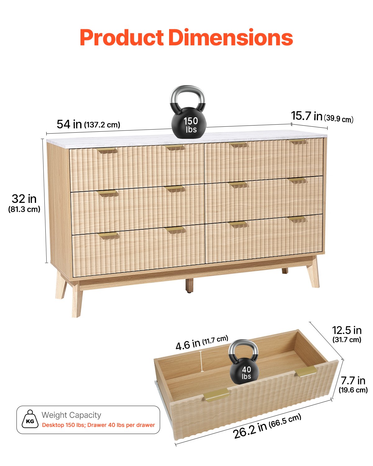 6 Fluted Drawer Dresser — Wooden Chest of Drawers with Sliding — photo 4