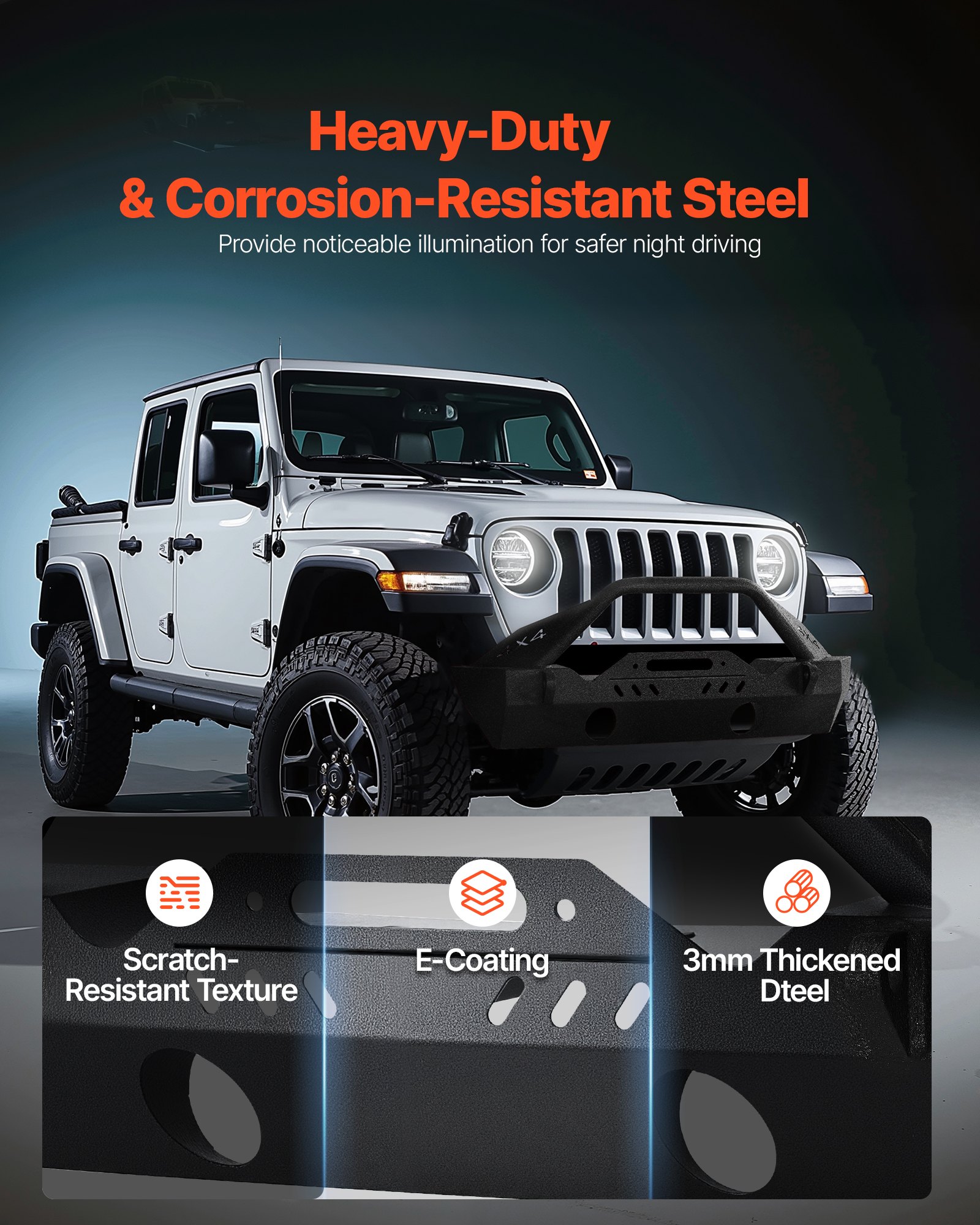 Vevor Jeep Gladiator JT front bumper close-up of reinforced D-ring shackle mount weld points