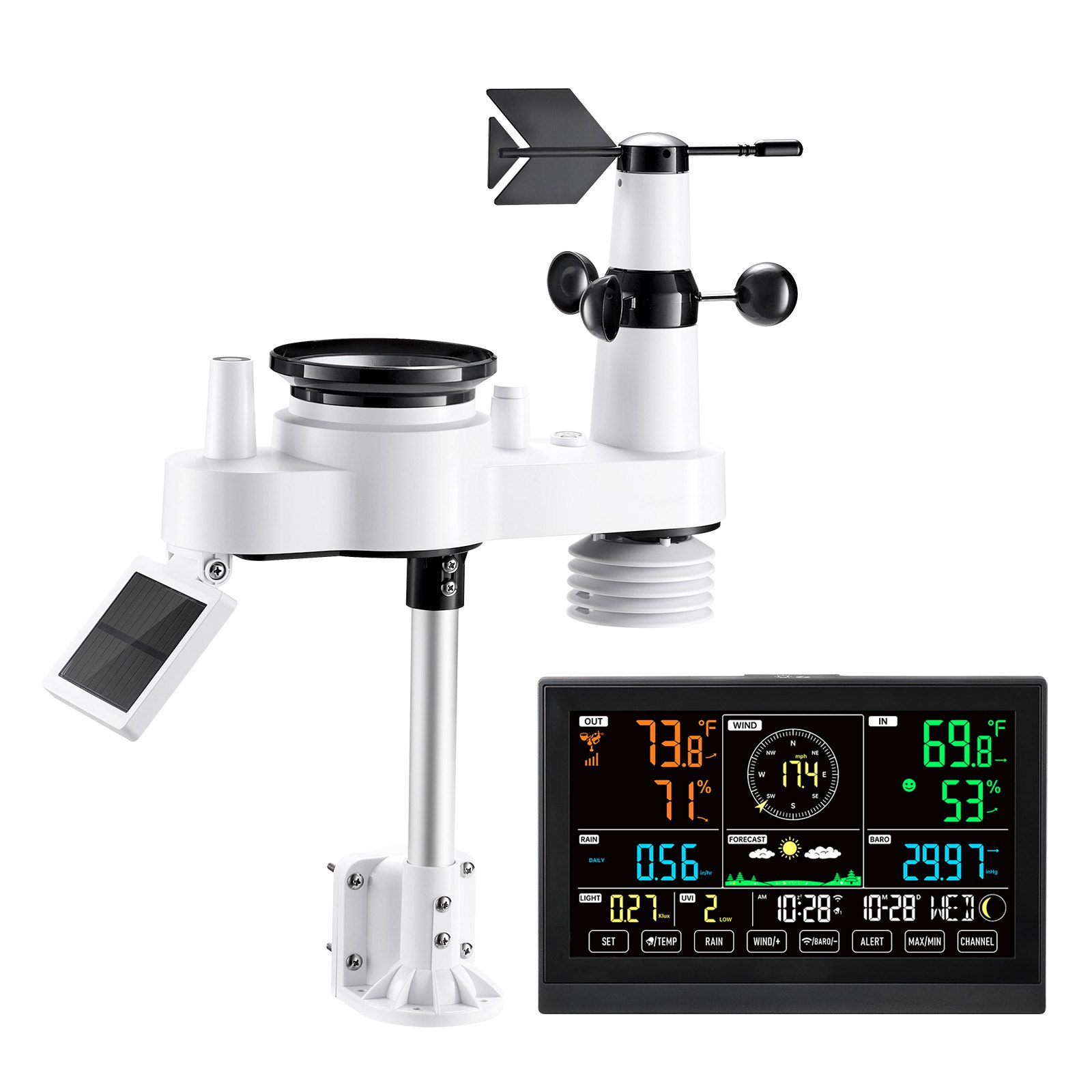 7-in-1 Wi-Fi Weather Station With APP, 7.5-Inch VA Display, Wireless Solar Powered Outdoor Sensor, Rain Gauge, Indoor Outdoor For Weather Forecast, Wind Speed, Temperature, Humidity, Rainfall