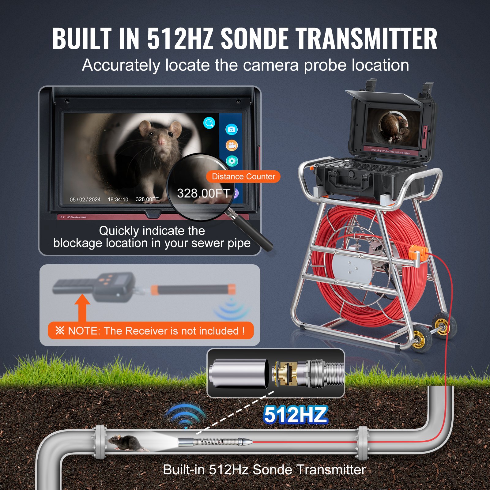 Sewer Camera, 328 Ft/100m, Self-Leveling Drain Camera With 10.1" Touchscreen... 3