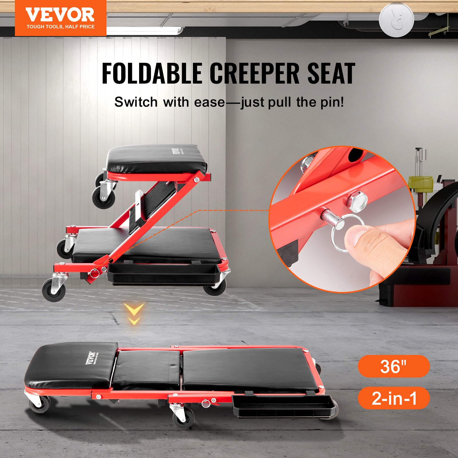 36 In Foldable Z Garage Creeper Mechanic Creeper Stool 300 Lbs Capacity image 2