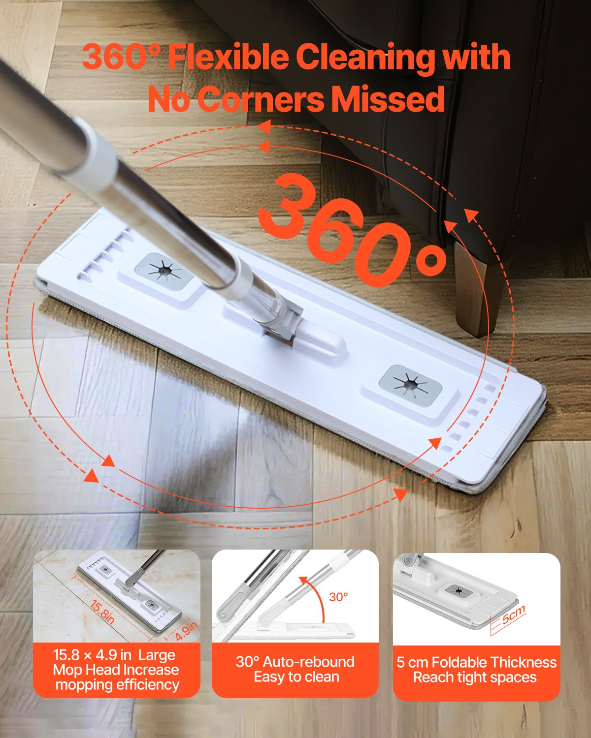 Mop And Bucket With Wringer Set, Wet & Dry Use, Flat Mop And Bucket System With 3 Washable Microfiber Pads, Flat Mop With Stainless Steel Handle, Mop Bucket Set For Hardwood Tile Vinyl image 4