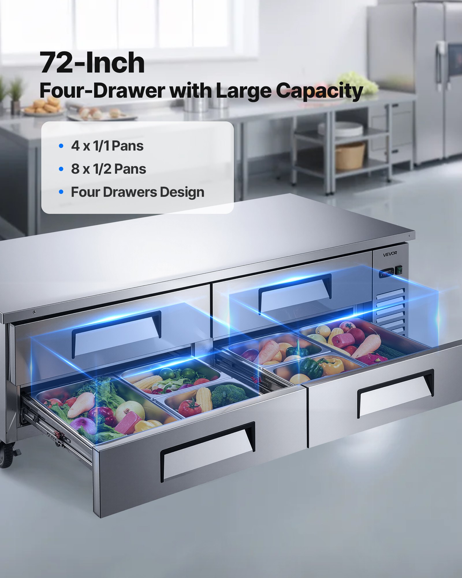 Chef Base Refrigerator, 72" W Commercial Chef Bases Worktop Refrigerators, 4-Drawer Under Counter Fridge With 12 Pans Stainless Steel, Heavy-Duty Refrigerated Base, Invisible Door Handle