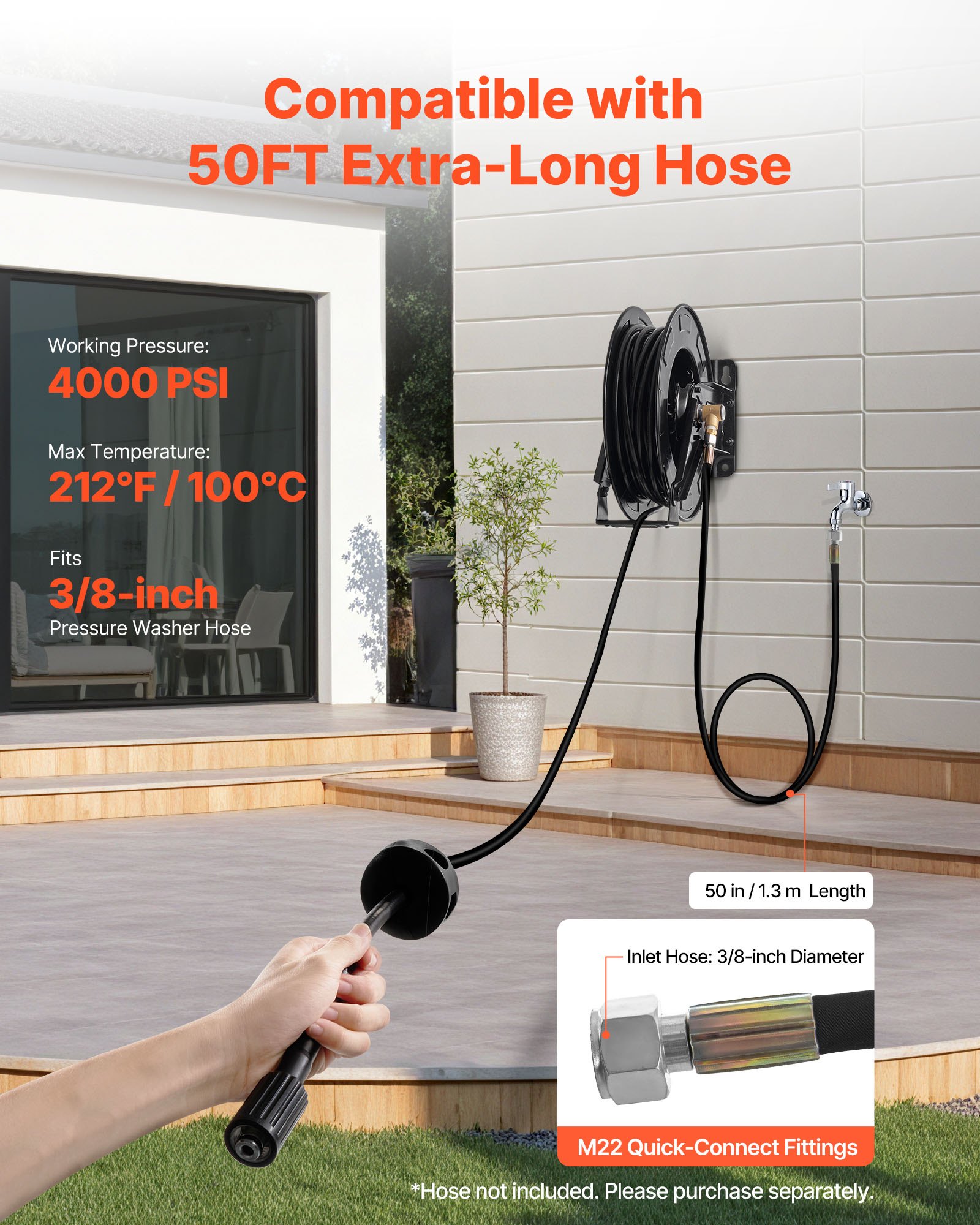 Pressure Washer Hose Reel, 50 Ft X 3/8 Inch Retractable Power Heavy-Duty Steel Washer Hose Reel, 4000PSI Max, Auto-Rewinding, Flexible Wall/Floor Mounted For Car Washing,Garden,Floor Cleaning