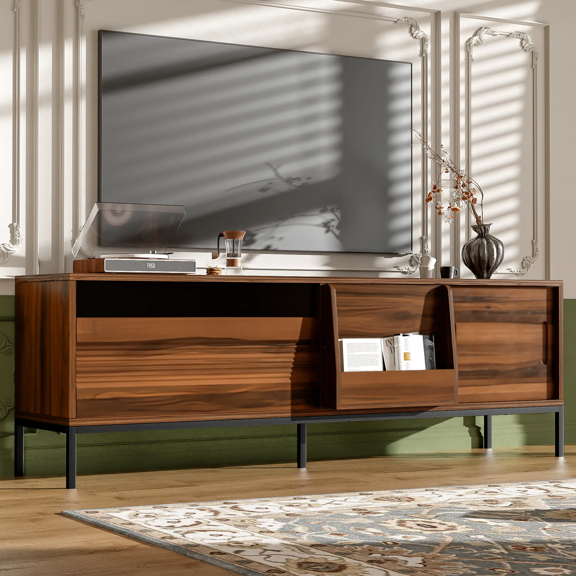U-Can 70.8 Modern TV Stand For TVs Up To 75 Inches, Entertainment Center With Storage Space, Sliding Doors, Adjustable Shelves And Metal Frame, Mid Century Mode