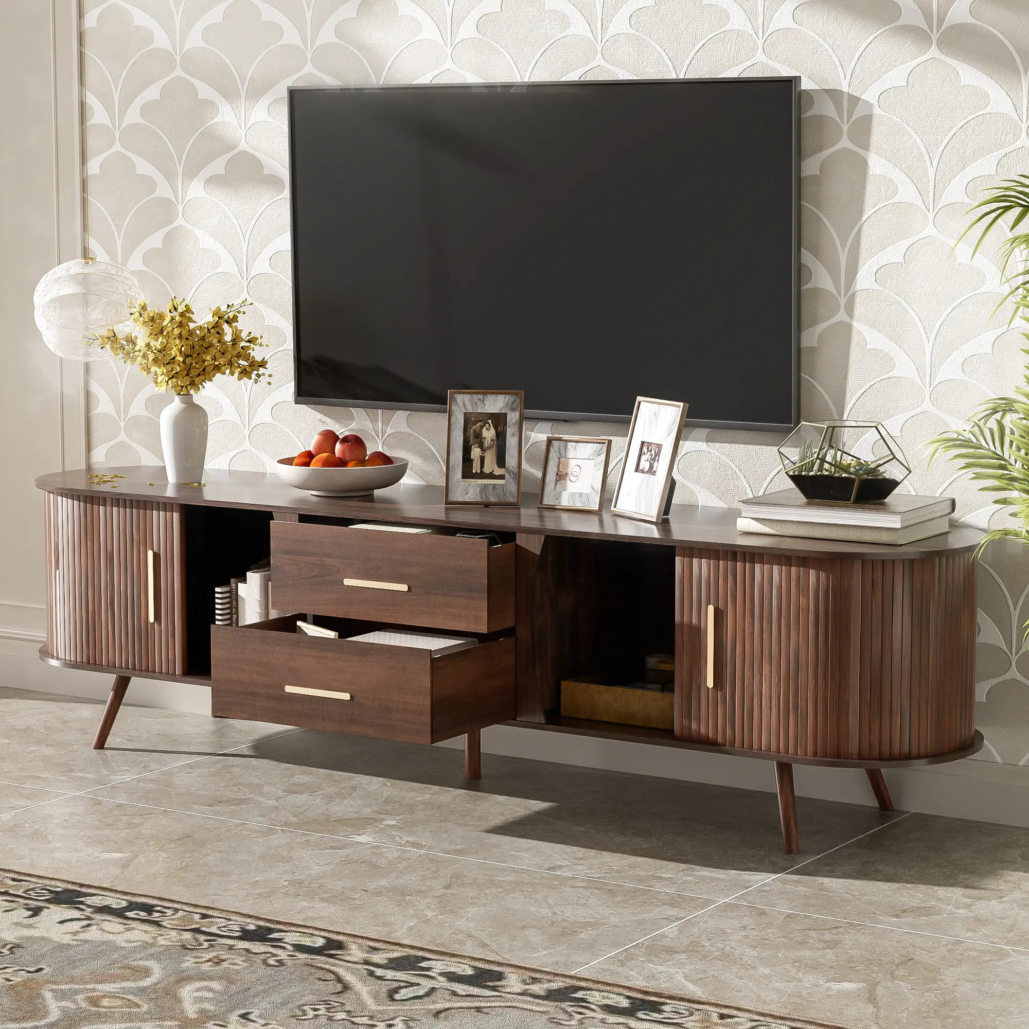 Mid-Century Modern TV Stand For 80 TV, Entertainment Center With Storage For Living Room, Bedroom, Media Console Table With 2 Drawers