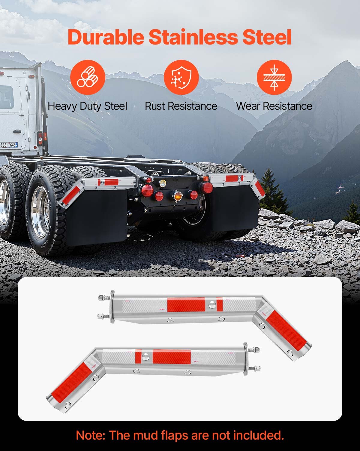 Angled spring loaded mud flap hanger bracket showing stainless steel construction for commercial trucks