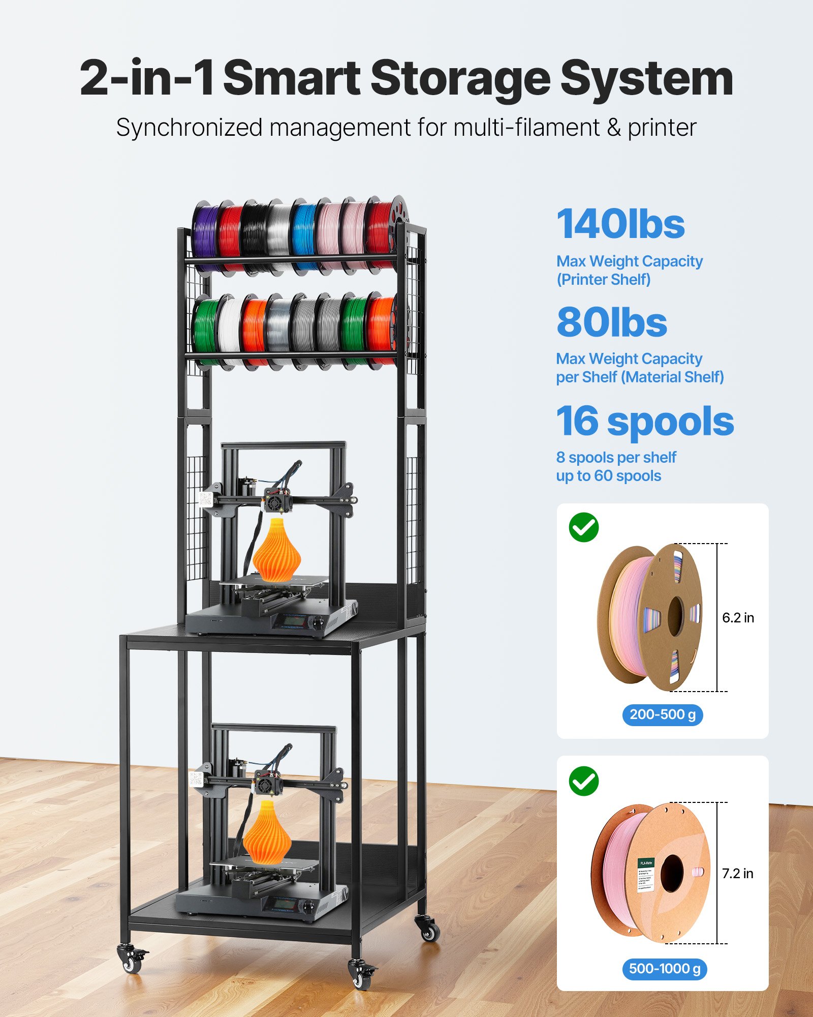 3D Printer Filament Storage Rack, 4-Tier 3D Printer Stand With Filament Storage, Spools Holder Racks Cart With Wheels, Filaments Organzied For 3D Printing Station, Office, Workshop (Shelf Only)