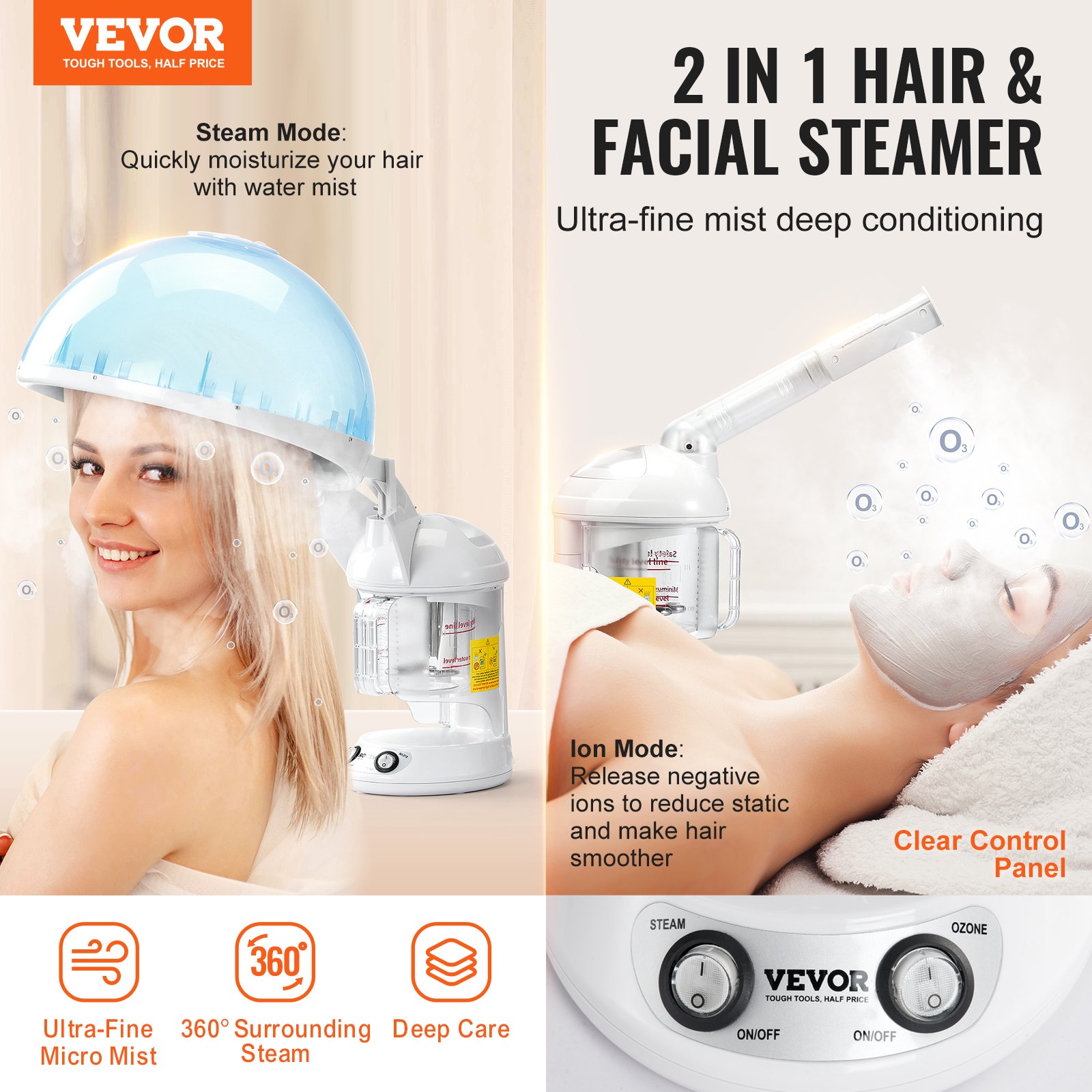 Hair Steamer, 2-in-1 Professional Hair & Facial Steamer With Detachable Bonnet Hood, Nano Ionic & UV Ozone Face Steamer With 360° Rotatable Sprayer For Salon Spa Home Beauty thumbnail 3