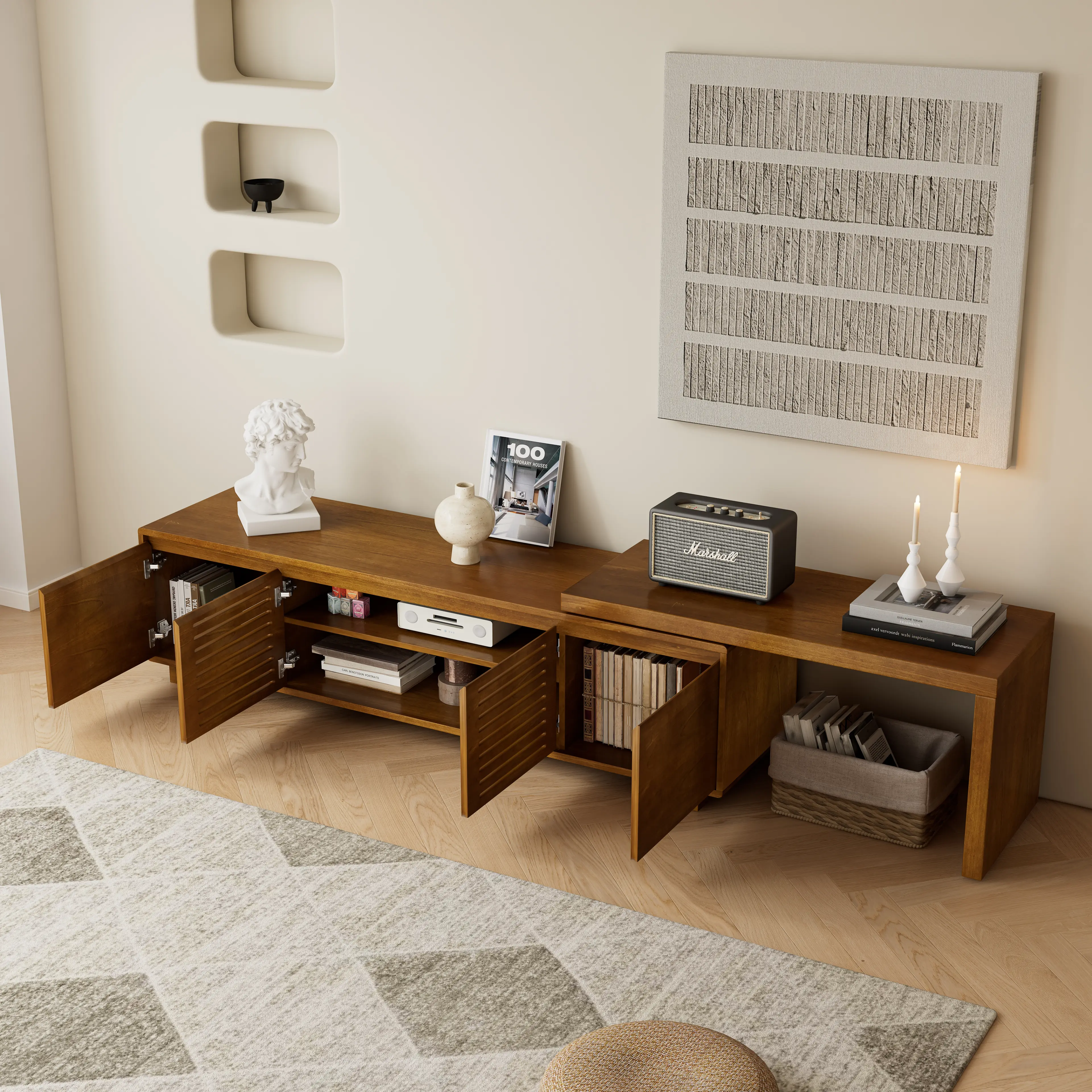 63 Mid-Century Modern Extendable TV Stand For TVs Up To 75, Media Console TV Cabinet For Living Room, Farmhouse Entertainment Cabinet With Storage & Adjustable 