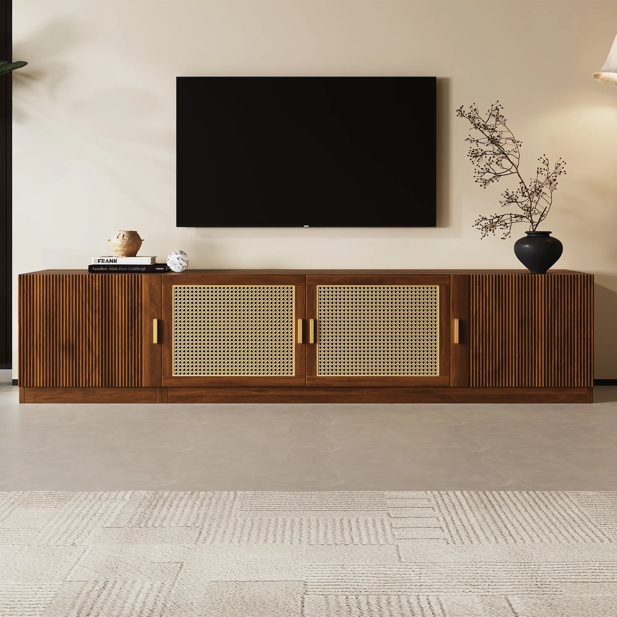 78 TV Stand For TVs Up To 85, TV Console For Living Room, Media Console With Rattan Doors, Adjustable Shelf TV Stand For Bedroom