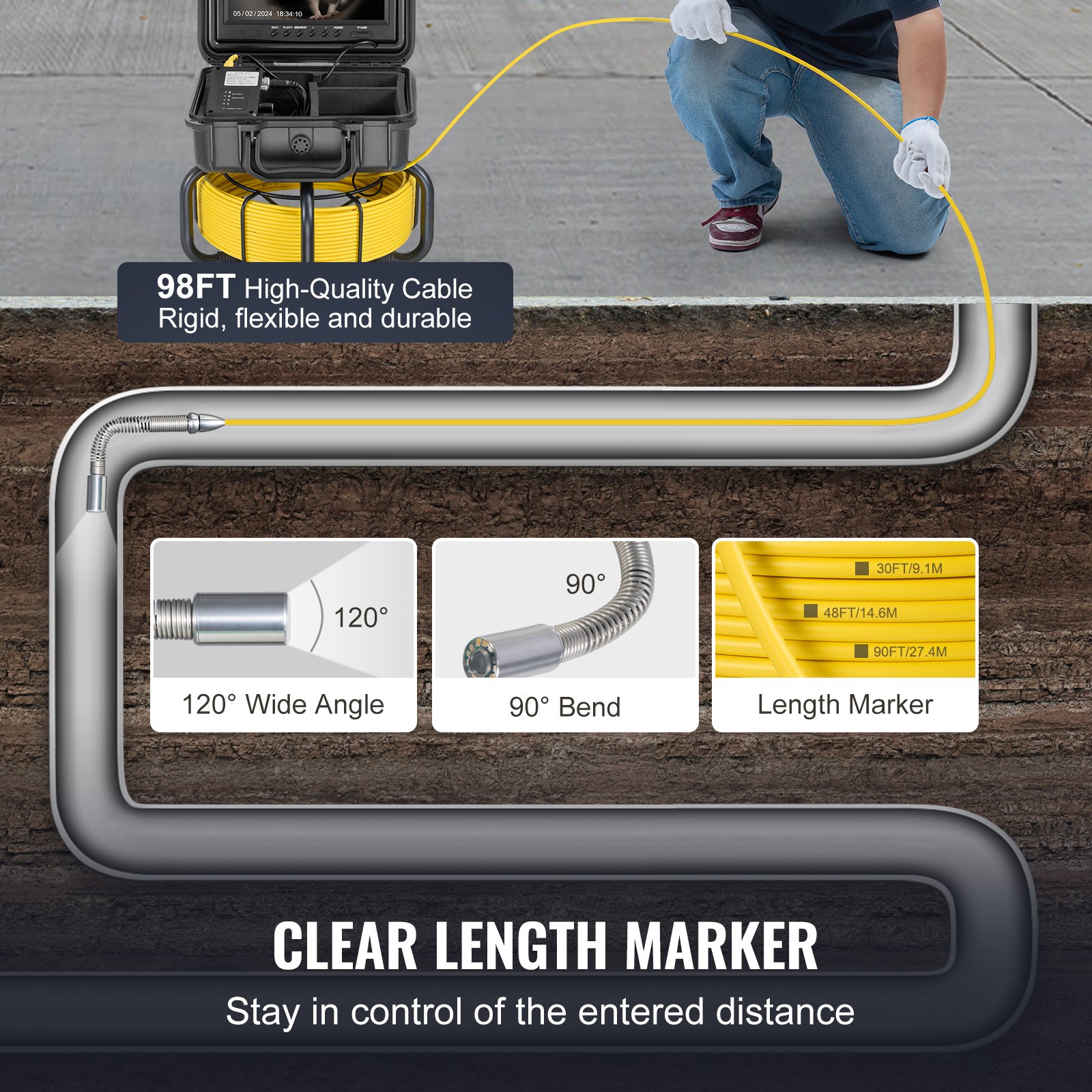 Sewer Camera, 98 Ft/30m, Self-Leveling Drain Inspection Camera With 9" 1080P HD... 5