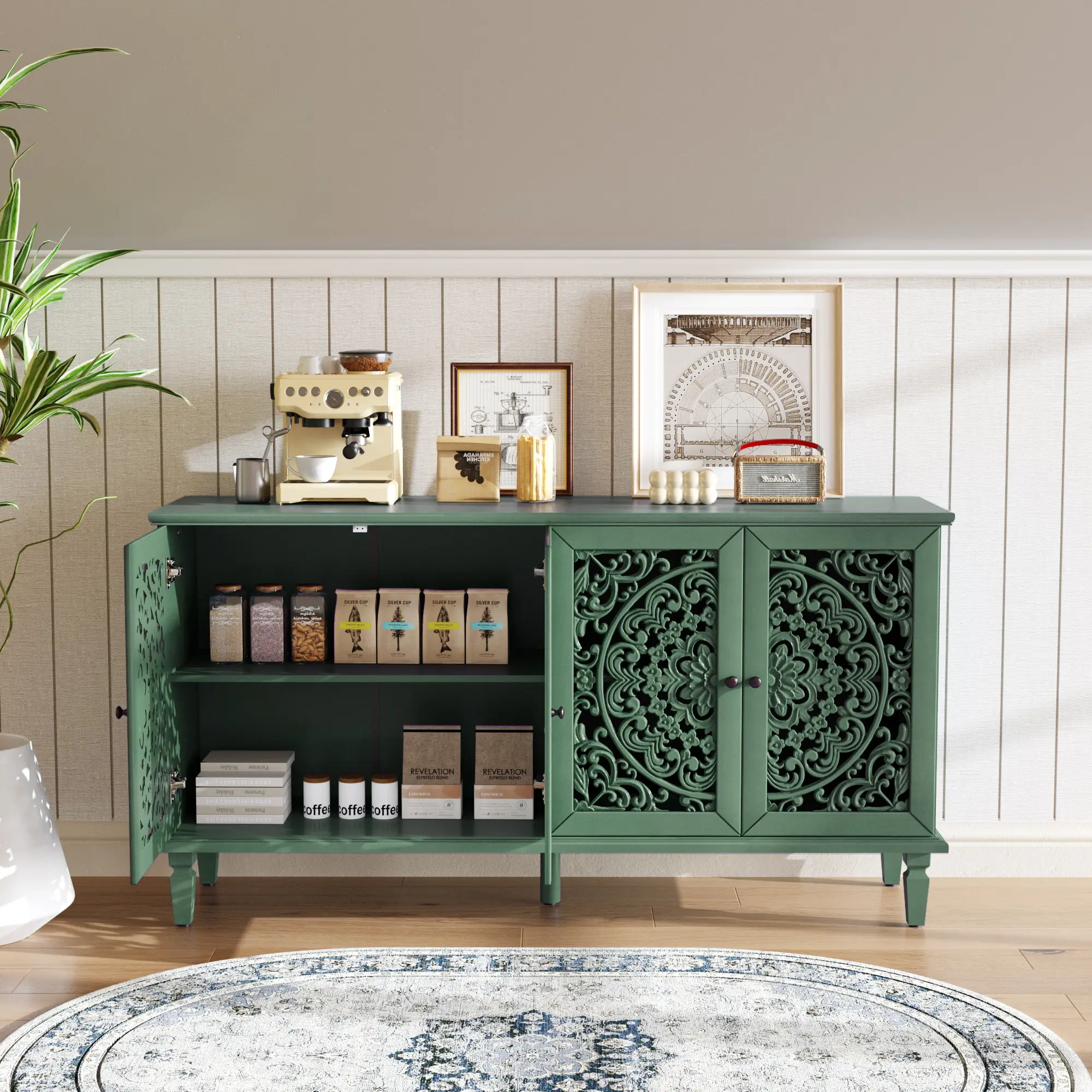 60 Antique Buffet Cabinet With Floral Carvings With Solid Wood Legs Antique Brass Handles Adjustable Shelves, TV Stand For 65 TV, Sideboard For Living Room,Din