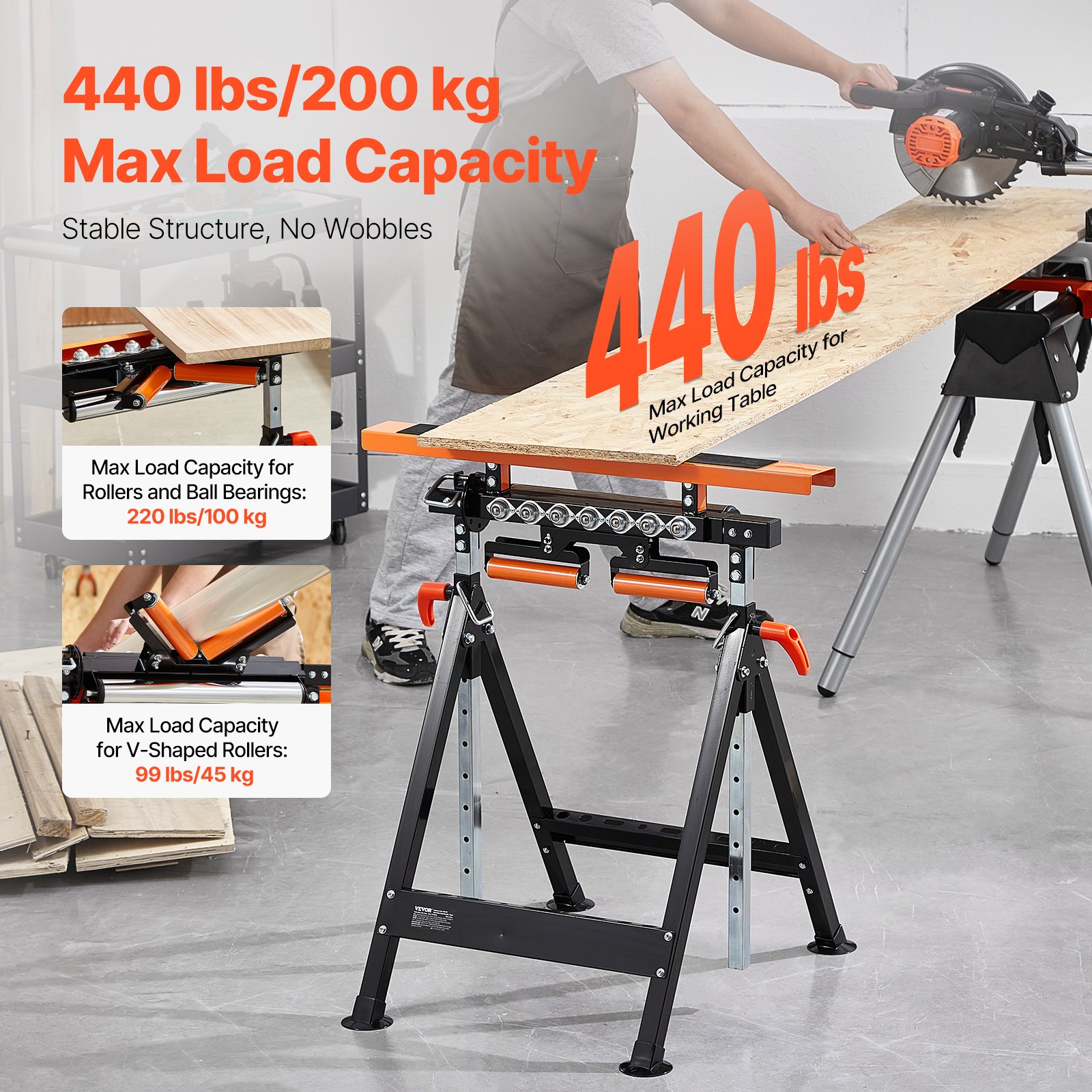 4-in-1 Roller Stand, 440 Lb Load Capacity, 33-50 In Adjustable Height, Folding Heavy Duty With Rack & Polished Multi-directional Roller Head, For Table Saw Outfeed Woodworking Extension Support image 2