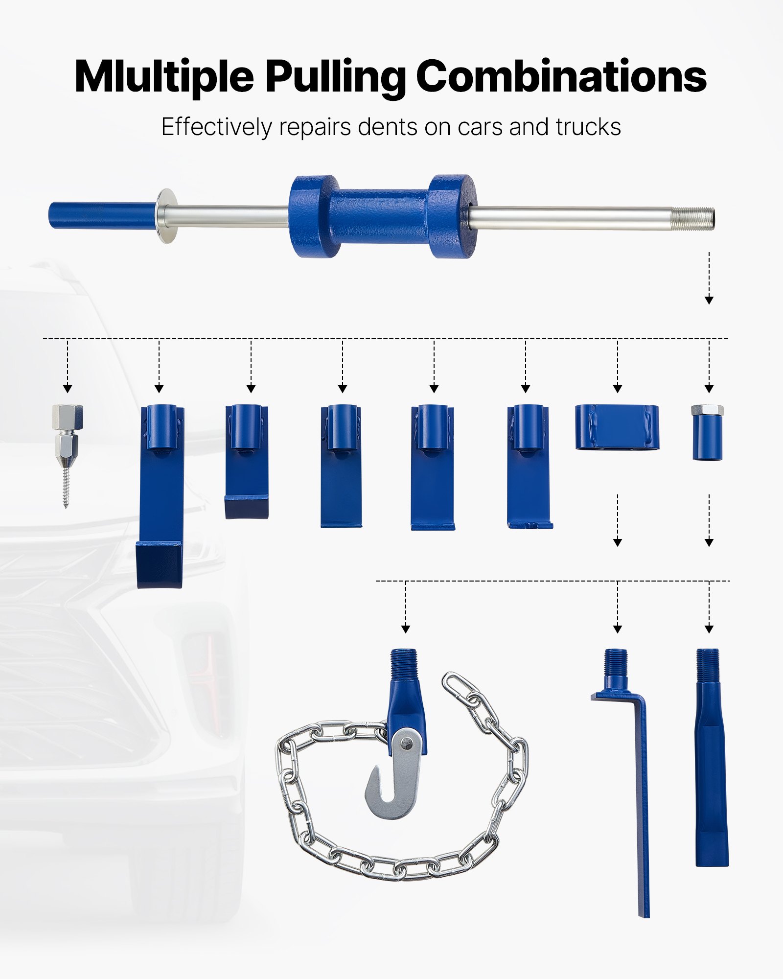 Dent Puller Kit, 13 Lbs 14-in-1 Slide Hammer Dent Removal Kit, Heavy-Duty Auto Body Truck Repair Automotive Damage Remover Tool Repair Frame With Carrying Case, Extension Rod, Non-Slip Handle