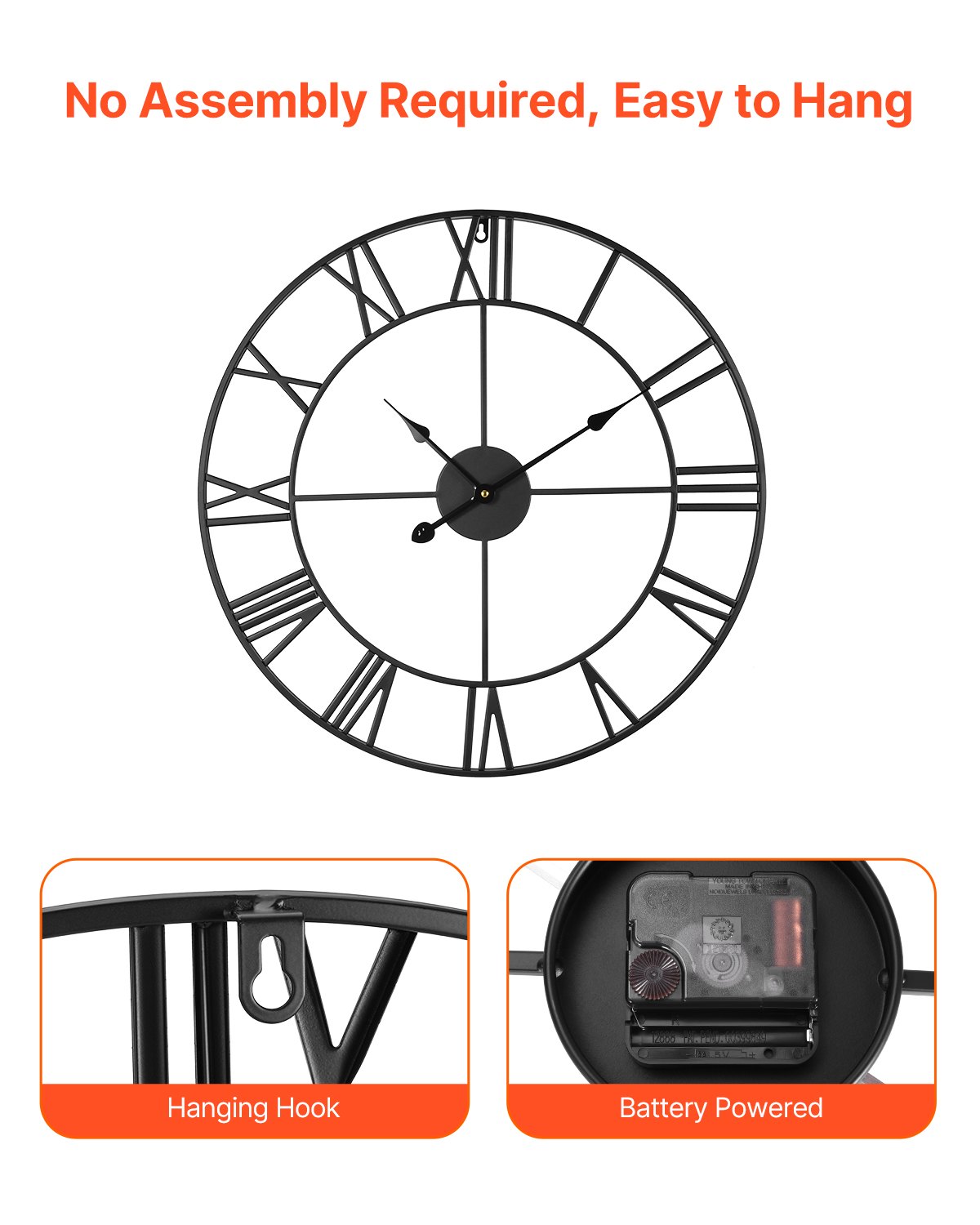 24-Inch Roman Numeral Wall Clock – Silent Non-Ticking Decorative Round Clock for Farmhouse Living Room & Office