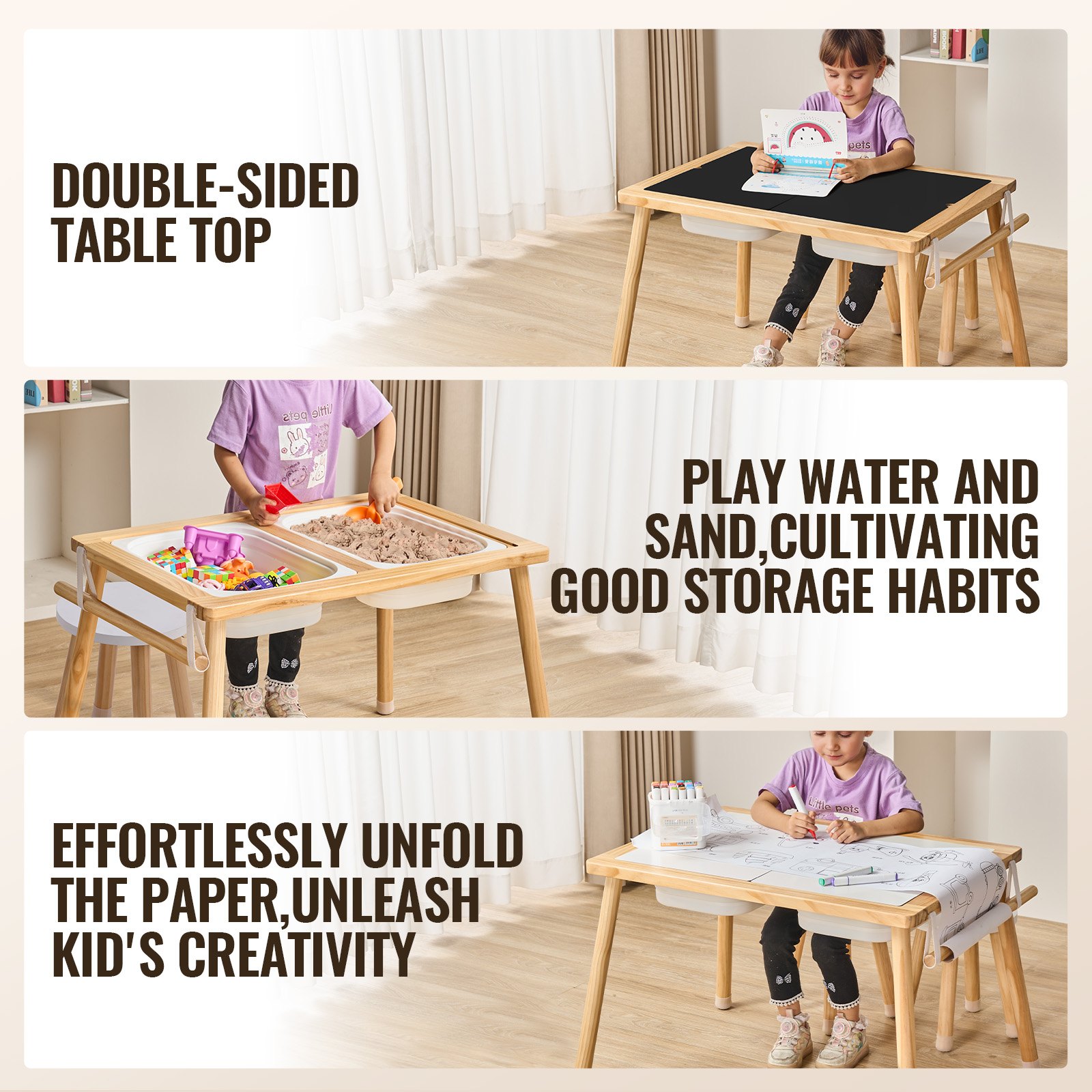 Sensory Table And Chairs Set, Toddlers Activity Table With 2 Stools, 2 Storage Bins & Paper Roll Holder, Indoor/Outdoor Play Sand And Water Table, Wooden Kids Sensory Table - Gift For Boys Girls image 3