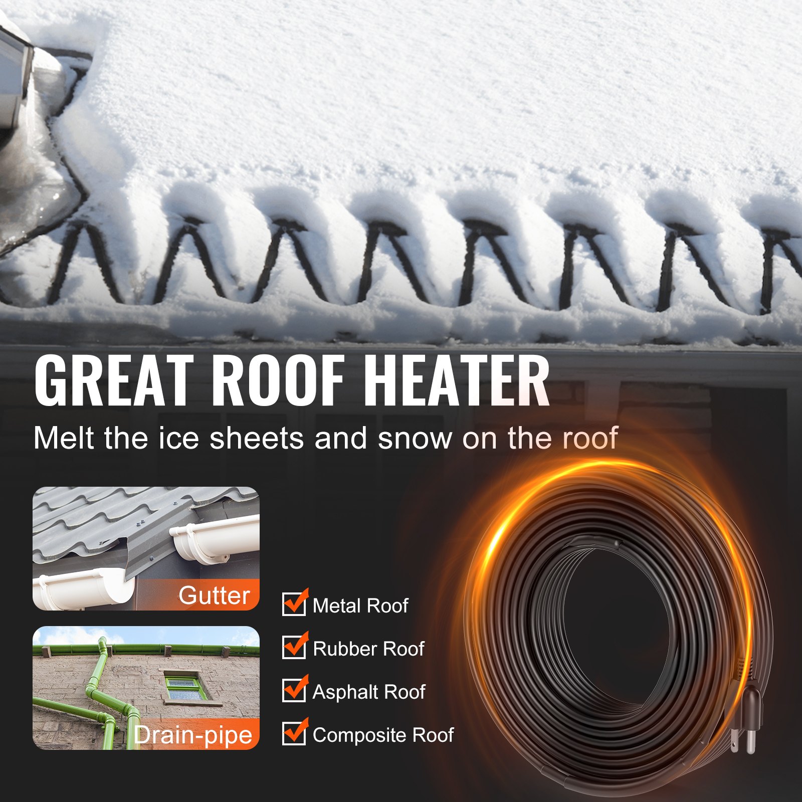 Self-Regulating Pipe Heating Cable, 140FT 5W/FT Heat Tape For Pipes, Roof Snow Melting De-icing, Gutter And Pipe Freeze Protection 2