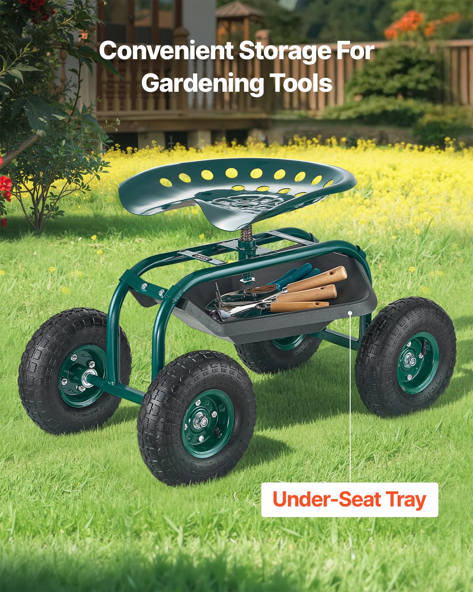 VEVOR Rolling Garden Cart With Swivel Seat, Heavy Duty Garden Seat With Storage Basket & Tool Tray, Weight Capacity,… - 5