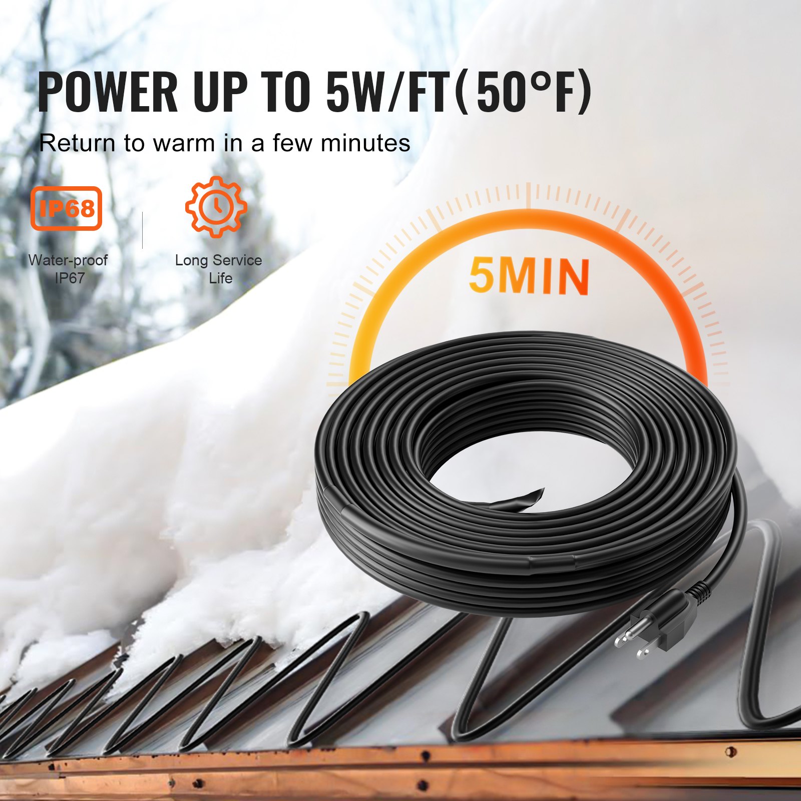 Self-Regulating Pipe Heating Cable, 30FT 5W/FT Heat Tape For Pipes, Roof Snow Melting De-icing, Gutter And Pipe Freeze Protection 2