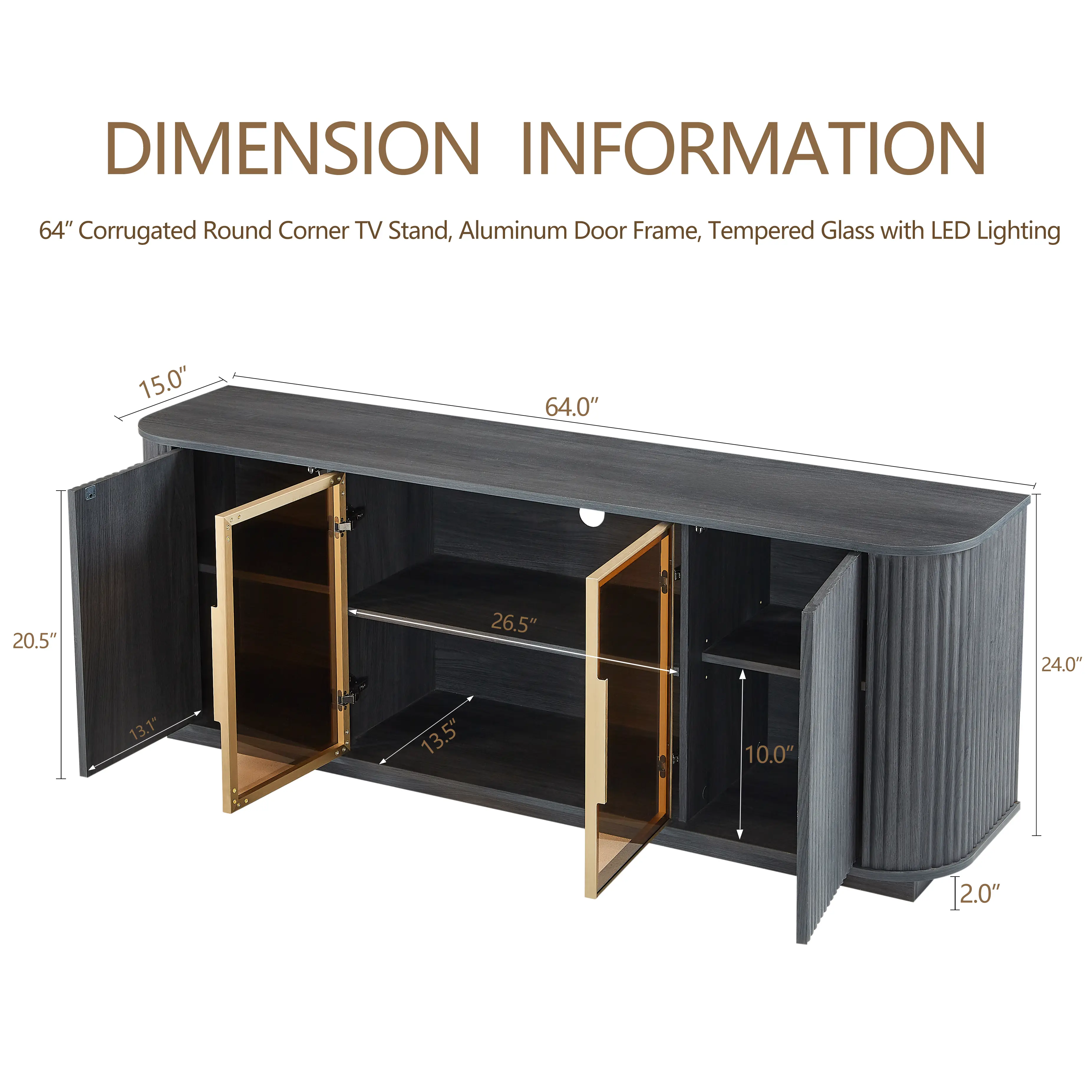 64-Inch Wavy TV Cabinet, Round Sideboard, Wooden Vertical Stripe Storage Cabinet, Aluminum Door Framed Tempered Glass Cabinet For Living Room Bedroom Entryway.