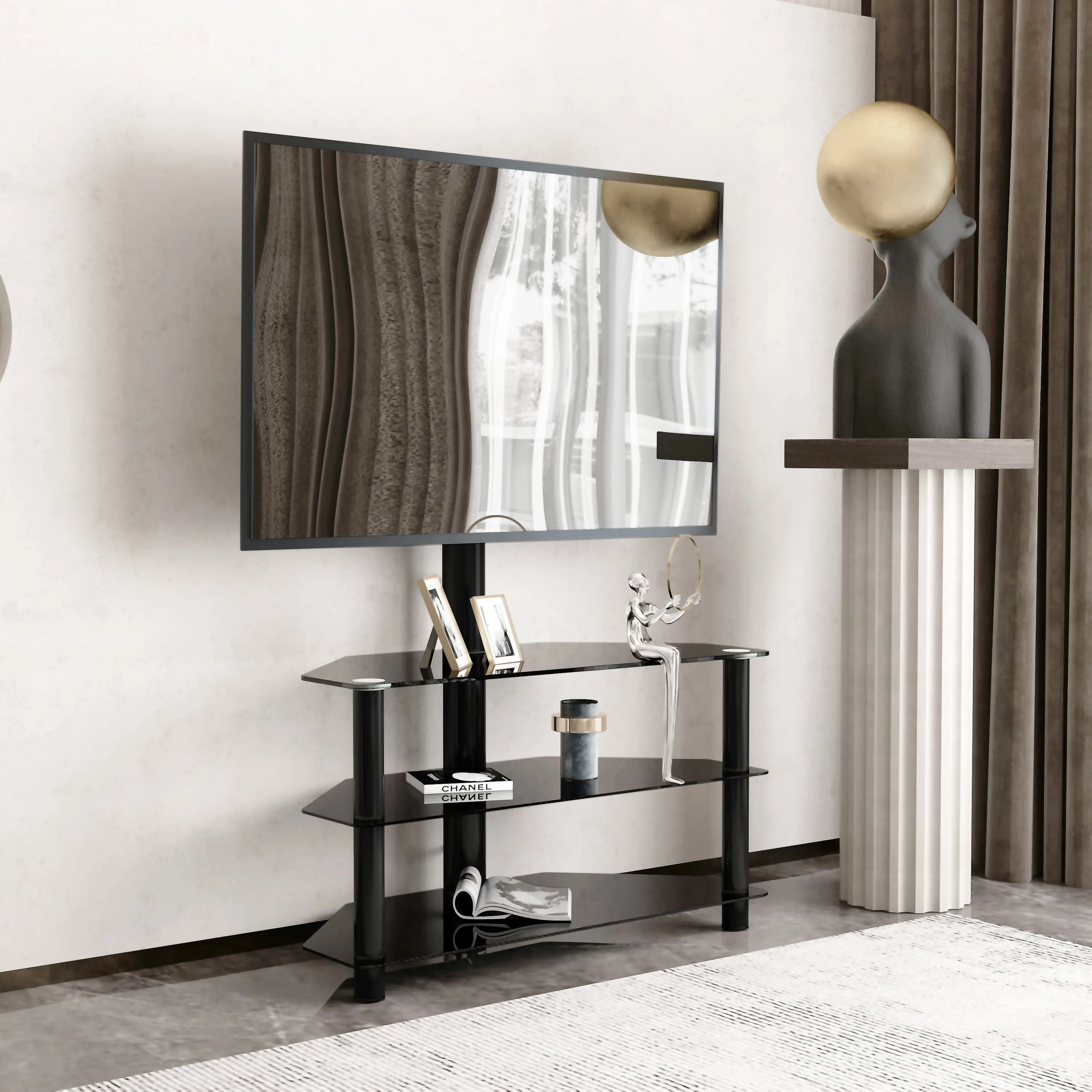 35.4 Inch Black Multi-function TV Stand Height Adjustable Bracket Swivel 3-Tier