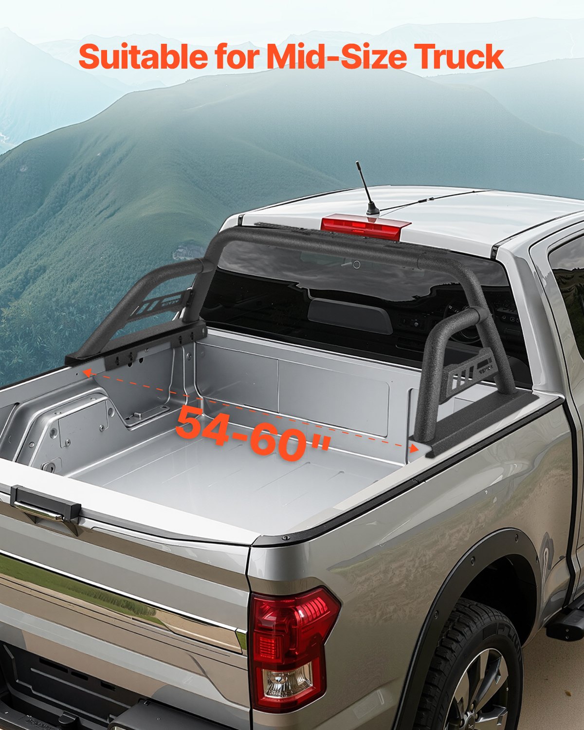 Vevor pickup sport bar installed in mid-size truck bed, carbon steel construction side view