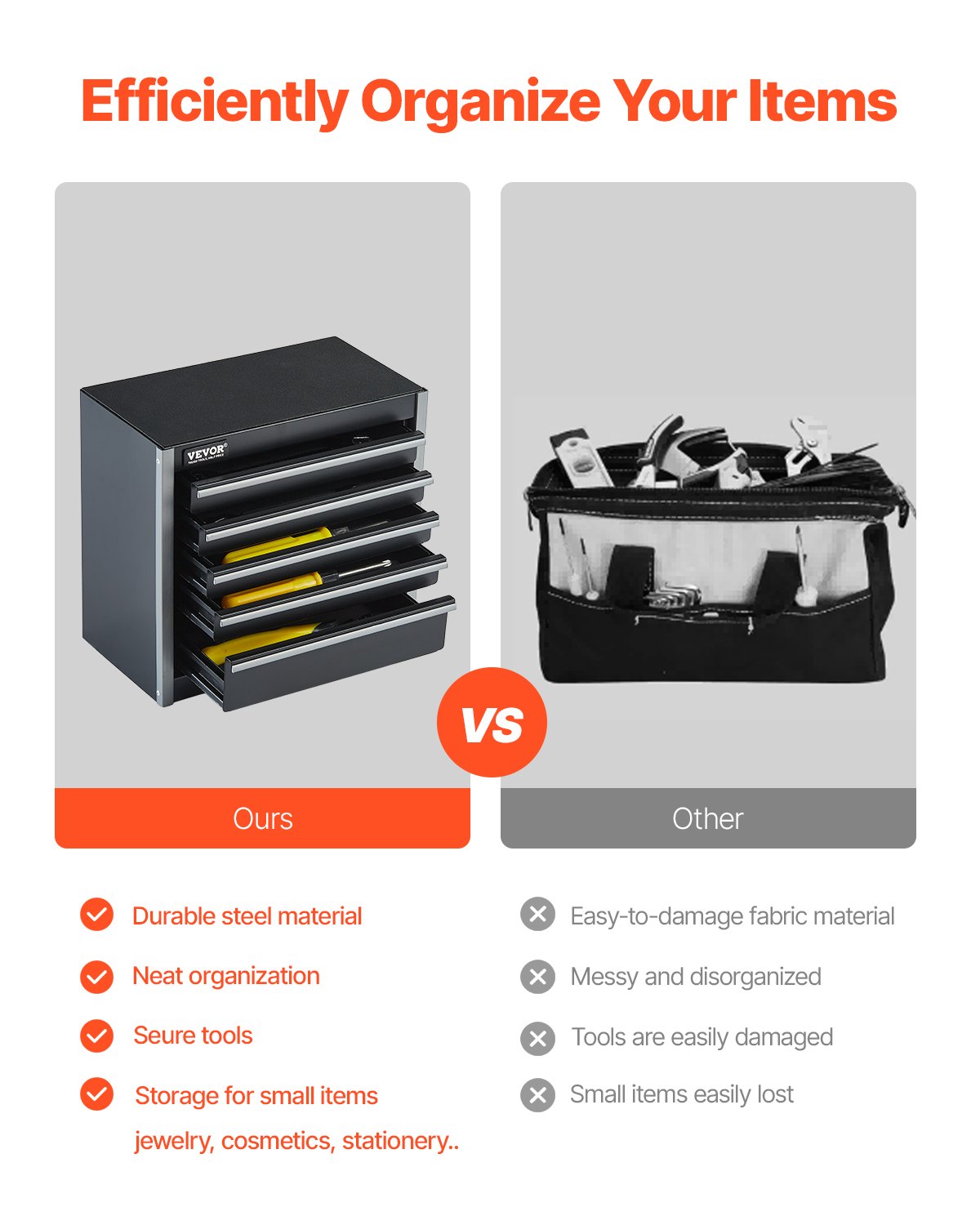 Metal Tool Box, 8.6-inch, Portable Metal Tool Box With 5 Drawers, Small Tool Chest With EVA Liners And PP Feet Pads, Heavy-Duty Steel With Ball Bearing Opening And Powder Coated Finish, Black image 3