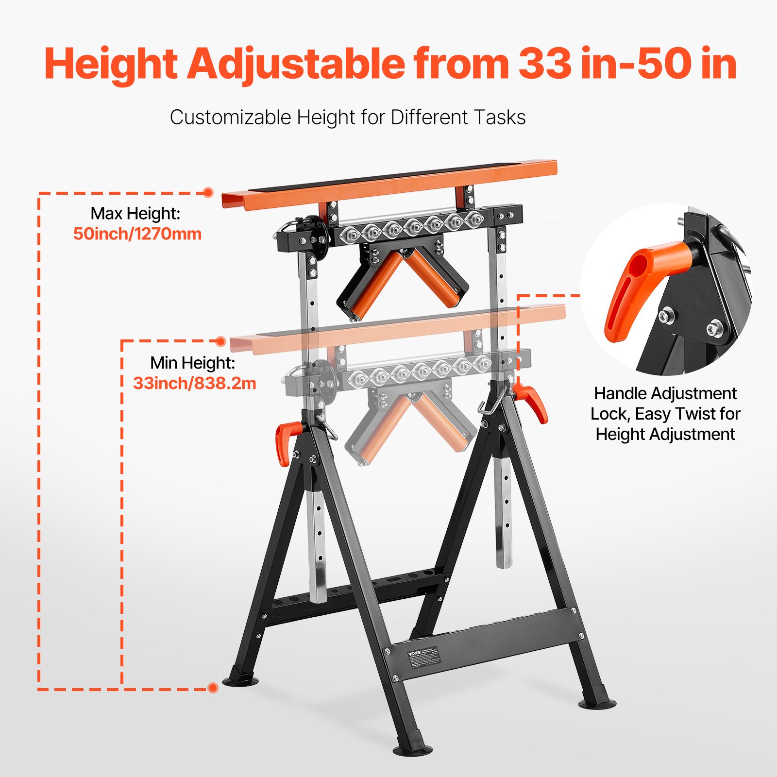 4-in-1 Roller Stand, 440 Lb Load Capacity, 33-50 In Adjustable Height, Folding Heavy Duty With Rack & Polished Multi-directional Roller Head, For Table Saw Outfeed Woodworking Extension Support image 3
