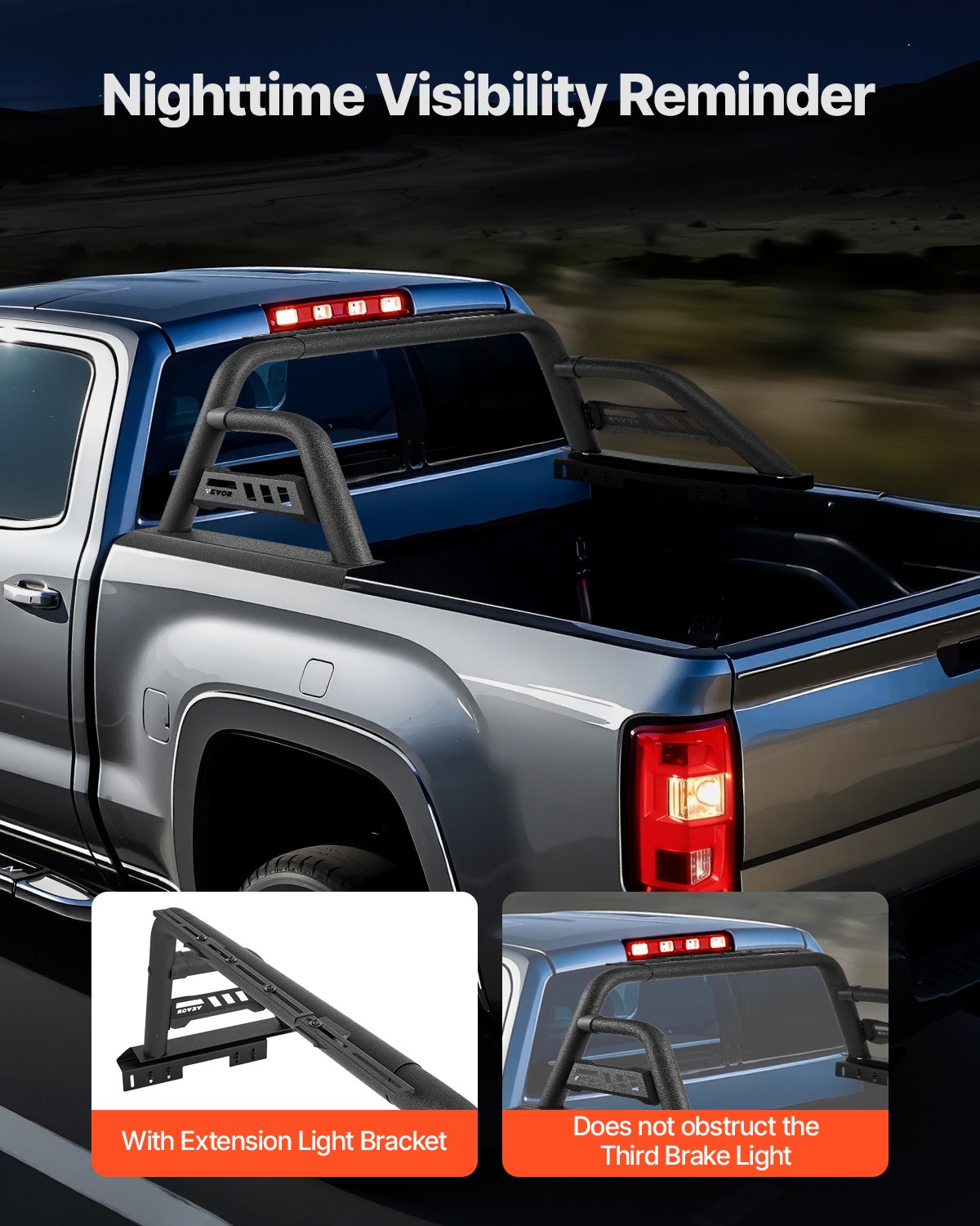Vevor adjustable chase rack roll bar shown in pickup truck bed, rear three-quarter view