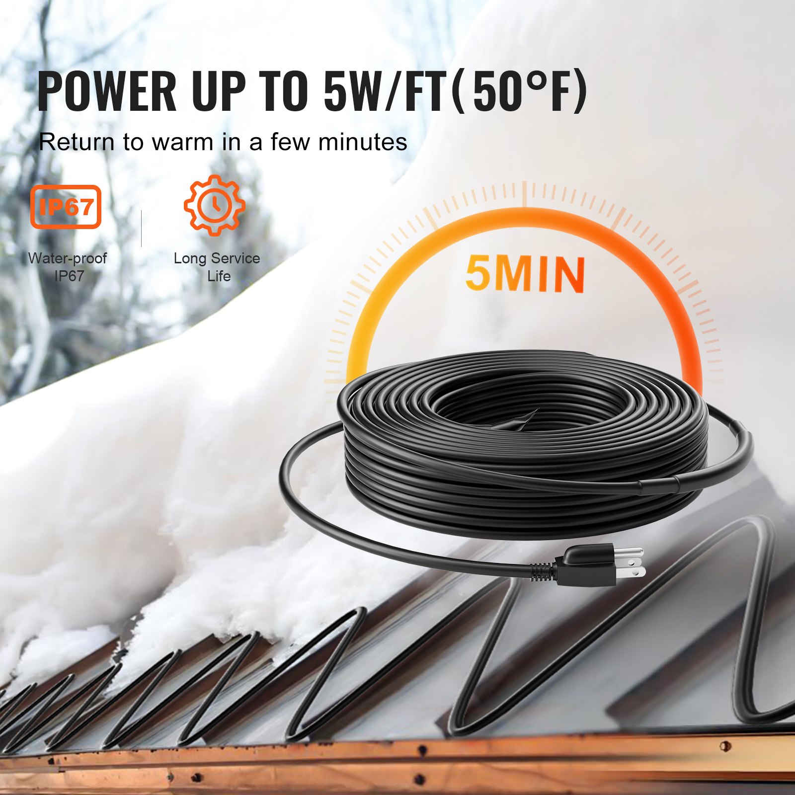 Self-Regulating Pipe Heating Cable, 100FT 5W/FT Heat Tape For Pipes, Roof Snow Melting De-icing, Gutter And Pipe Freeze Protection 4