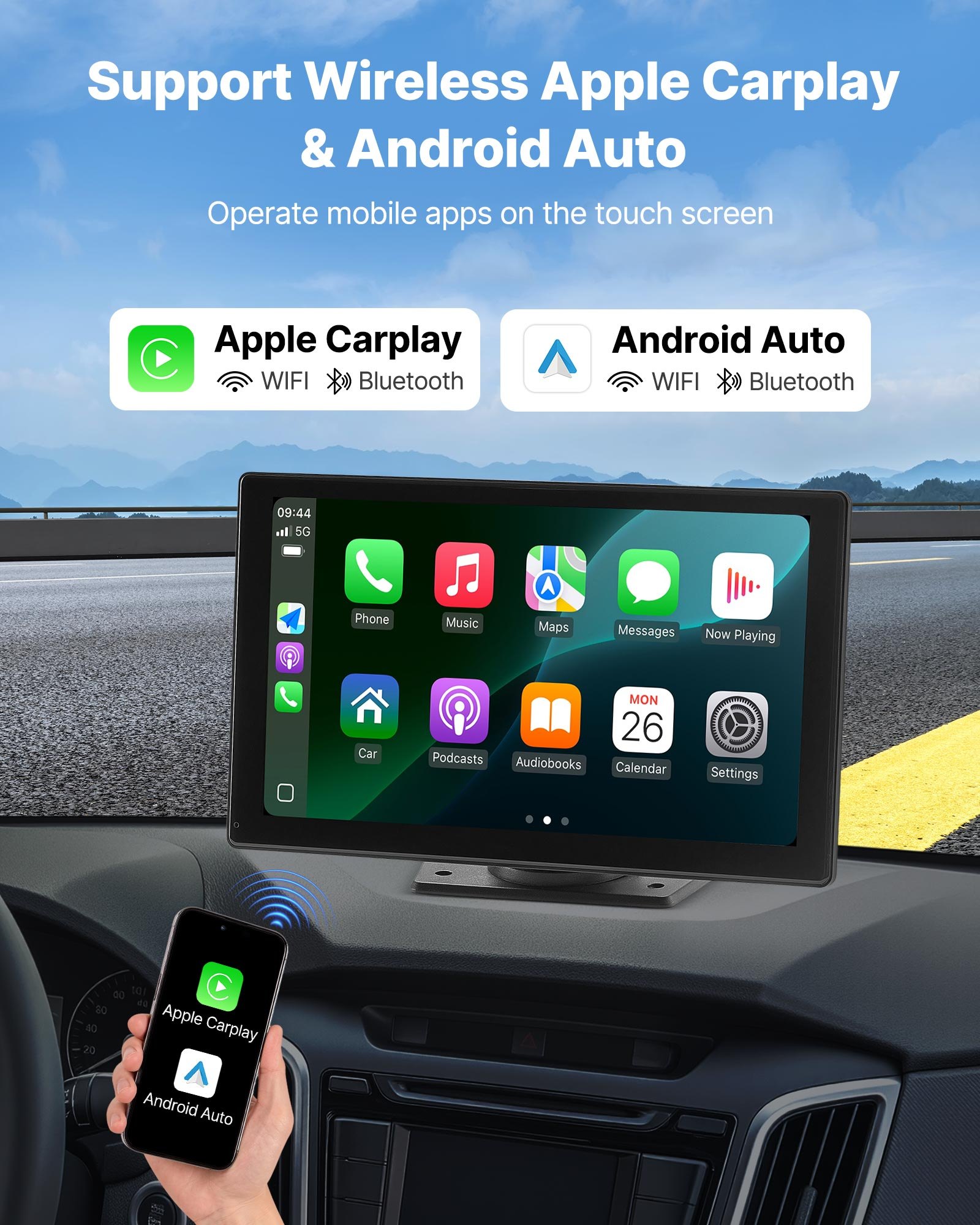 Wireless Car Stereo, 9-Inch HD Portable Radio Touch Screen Compatible With Apple CarPlay & Android Auto, CarPlay Screen With Backup Camera, Voice Control, Mirror Link, Bluetooth, GPS Navigation