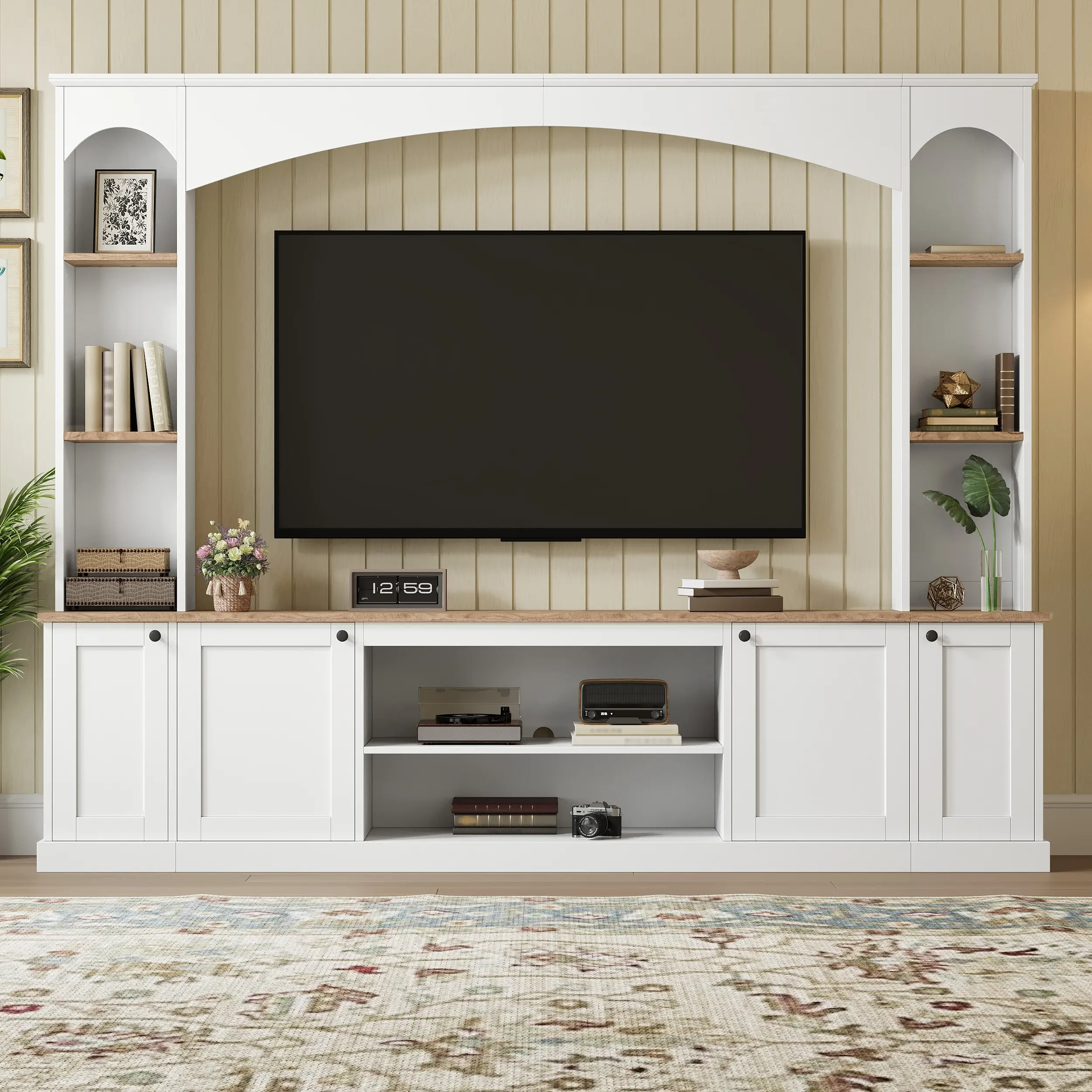 Elegant Arched Entertainment Center Wall Unit With Bookshelf, Farmhouse Large TV Stand With Wood Grain For TVs Up To 70, 91inch Stylish Media Console With Adjus