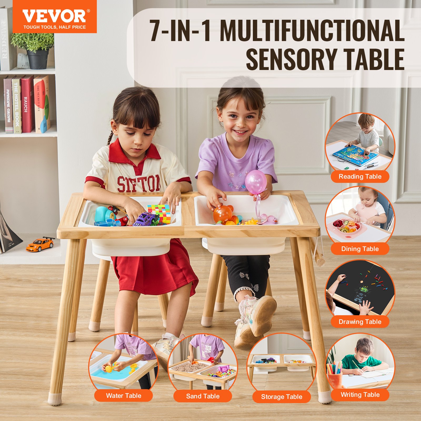 Sensory Table And Chairs Set, Toddlers Activity Table With 2 Stools, 2 Storage Bins & Paper Roll Holder, Indoor/Outdoor Play Sand And Water Table, Wooden Kids Sensory Table - Gift For Boys Girls image 2
