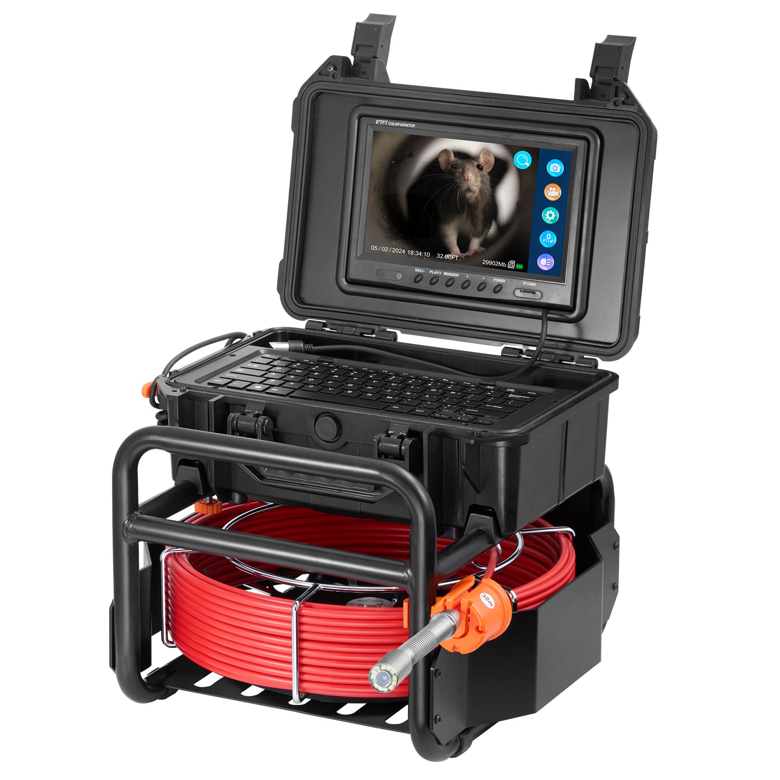 Sewer Camera, 98 Ft/30m, Self-Leveling Drain Camera With 512Hz Transmitter, Distance Counter, 9" Screen 1080P HD Snake Plumbing Camera With Light-12 LED & 32GB Card For Duct Pipe