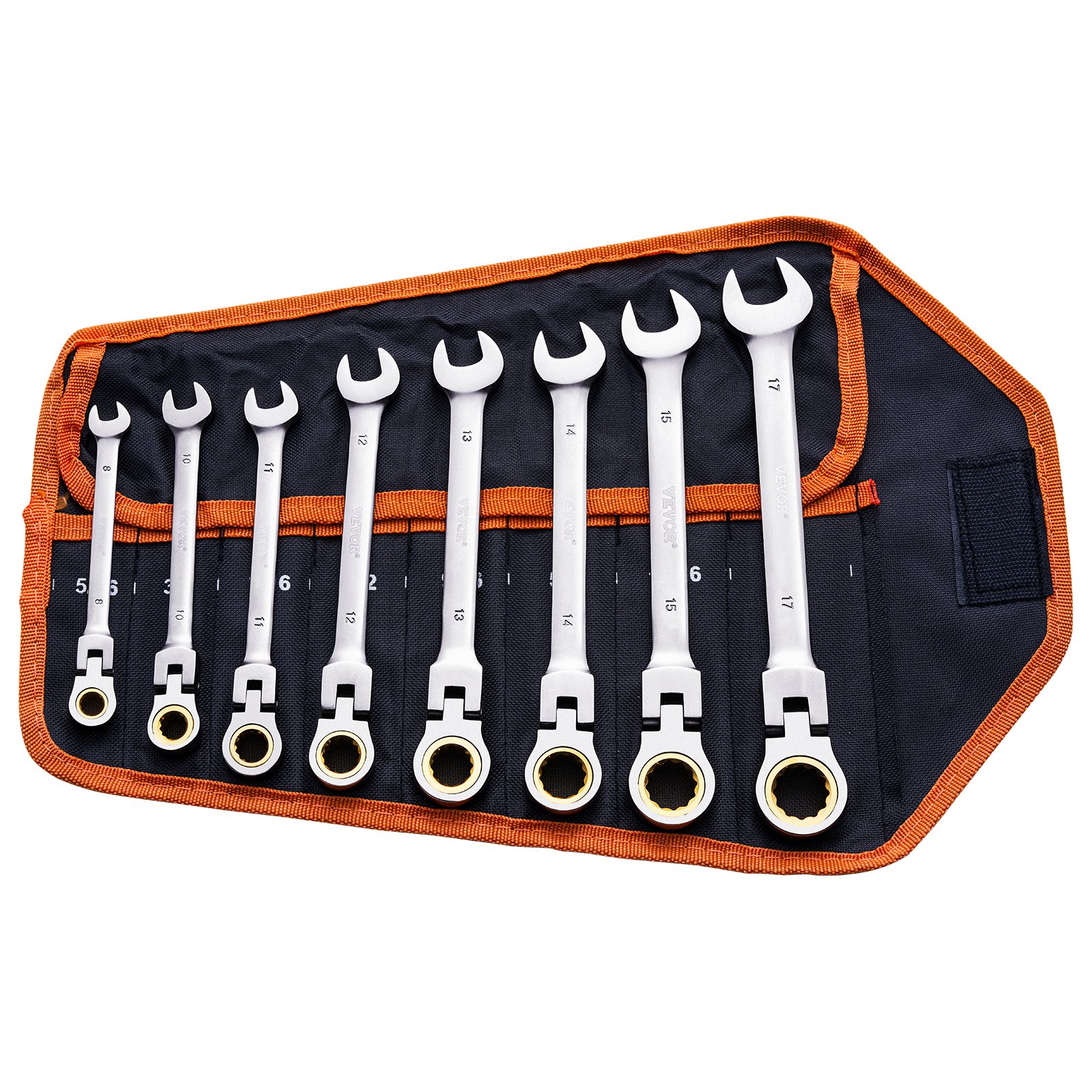 Flex-Head Ratcheting Wrench Set, 8-piece Combination Wrench Set With Roll-up Pouch, Cr-V Steel Flexible Ratcheting Wrench Set Metric 8 Mm To 17 Mm, Ideal For General Household, Auto Repairs - Image 1