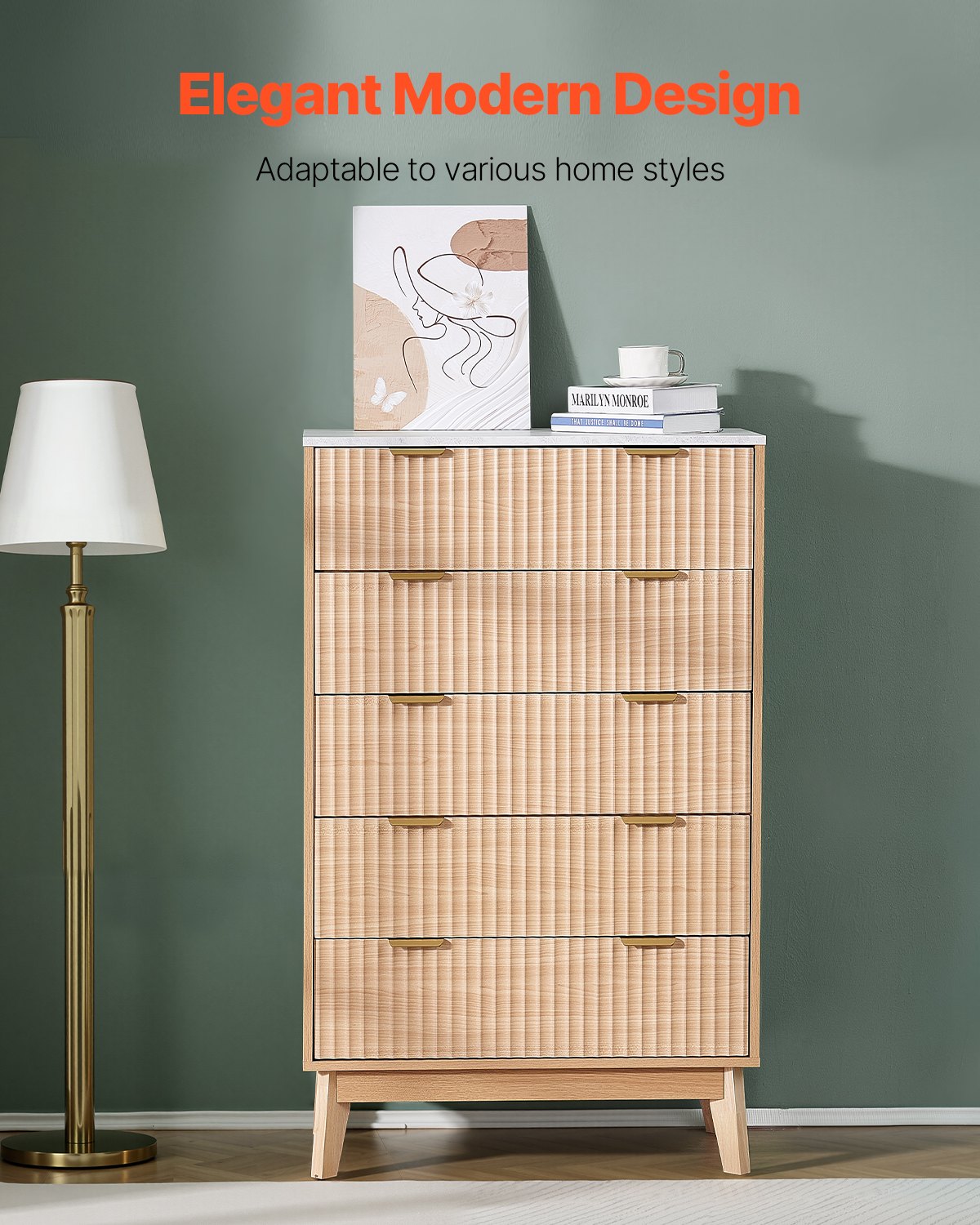 5 Fluted Drawer Dresser — Wooden Chest of Drawers with Sliding — photo 2