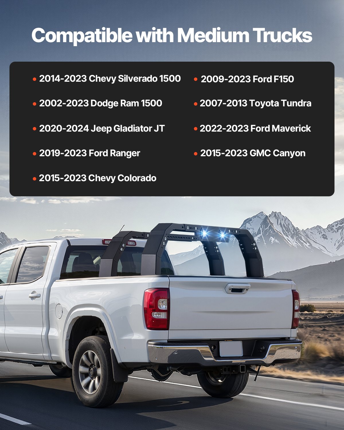 Adjustable truck bed cargo rack on RAM 1500 showing 14.4–17.3 inch height range