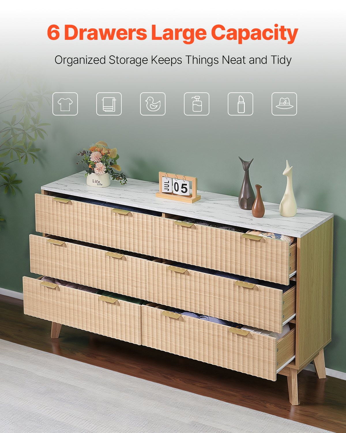 6 Fluted Drawer Dresser — Wooden Chest of Drawers with Sliding — photo 5