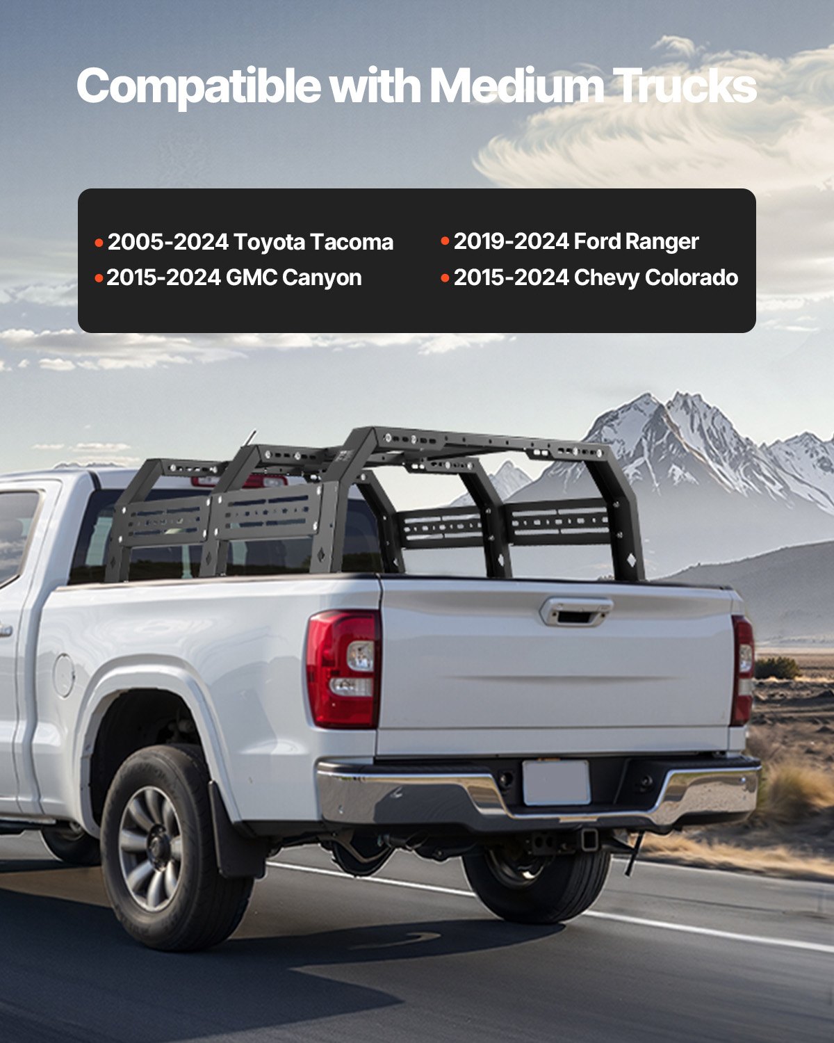Vevor adjustable bed cargo rack with sidebar on Ford Ranger showing full bed coverage