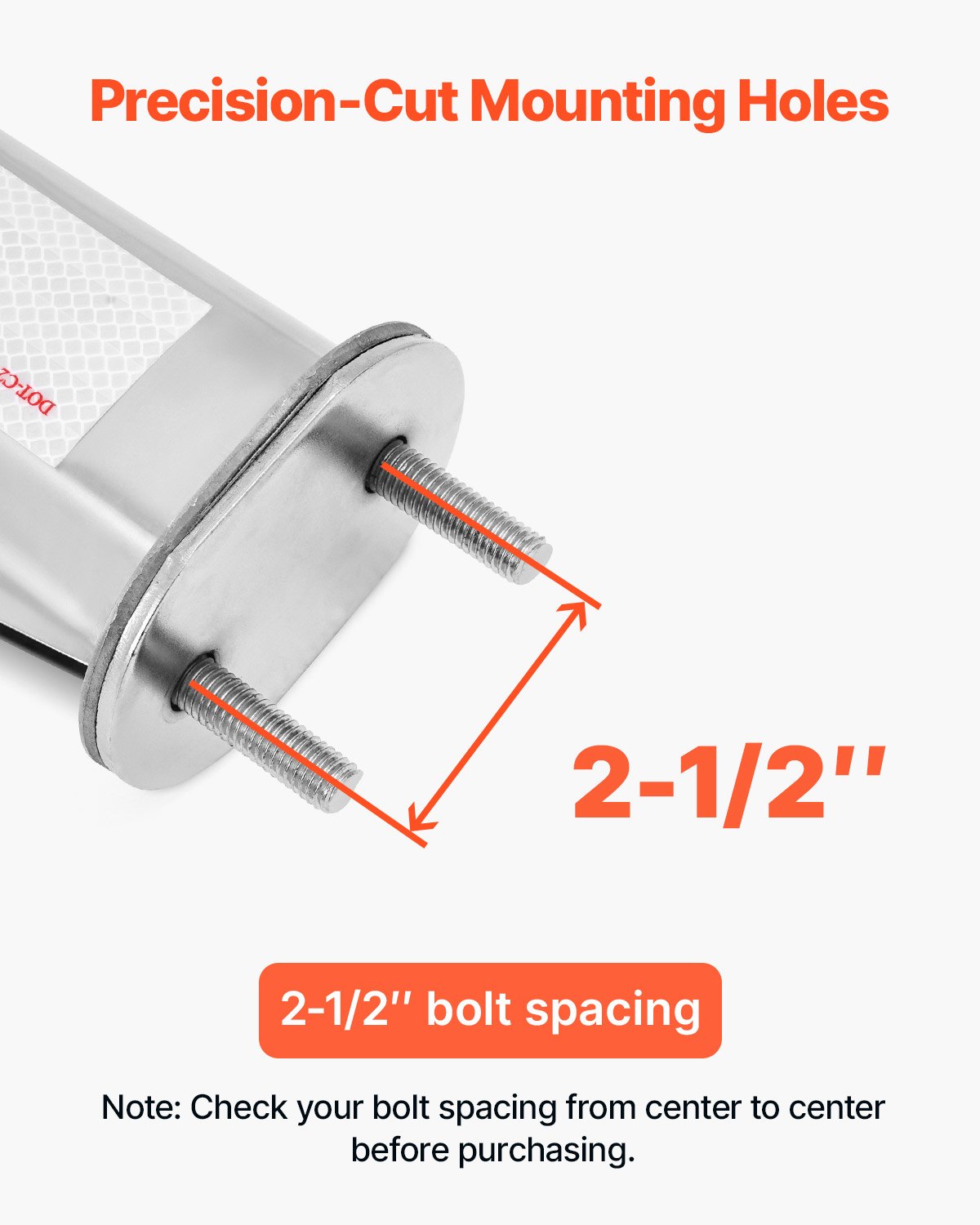 Close-up of 2-1/2 inch bolt spacing on Vevor heavy duty semi truck mud flap hangers, silver finish
