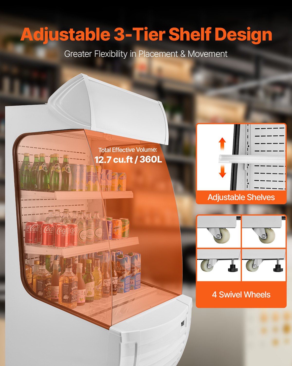 Open Air Merchandiser, 2-Tier Shelving Commercial Refrigerator, Grab And Go Display Cooler Refrigerator With Air Curtain, LED Advertising Light, Fits For Restaurants, Stores, Office, 12.7cu.ft.