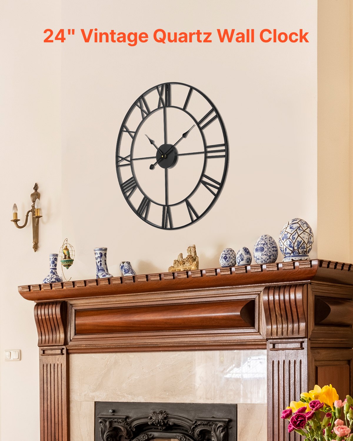 24-Inch Roman Numeral Wall Clock – Silent Non-Ticking Decorative Round Clock for Farmhouse Living Room & Office