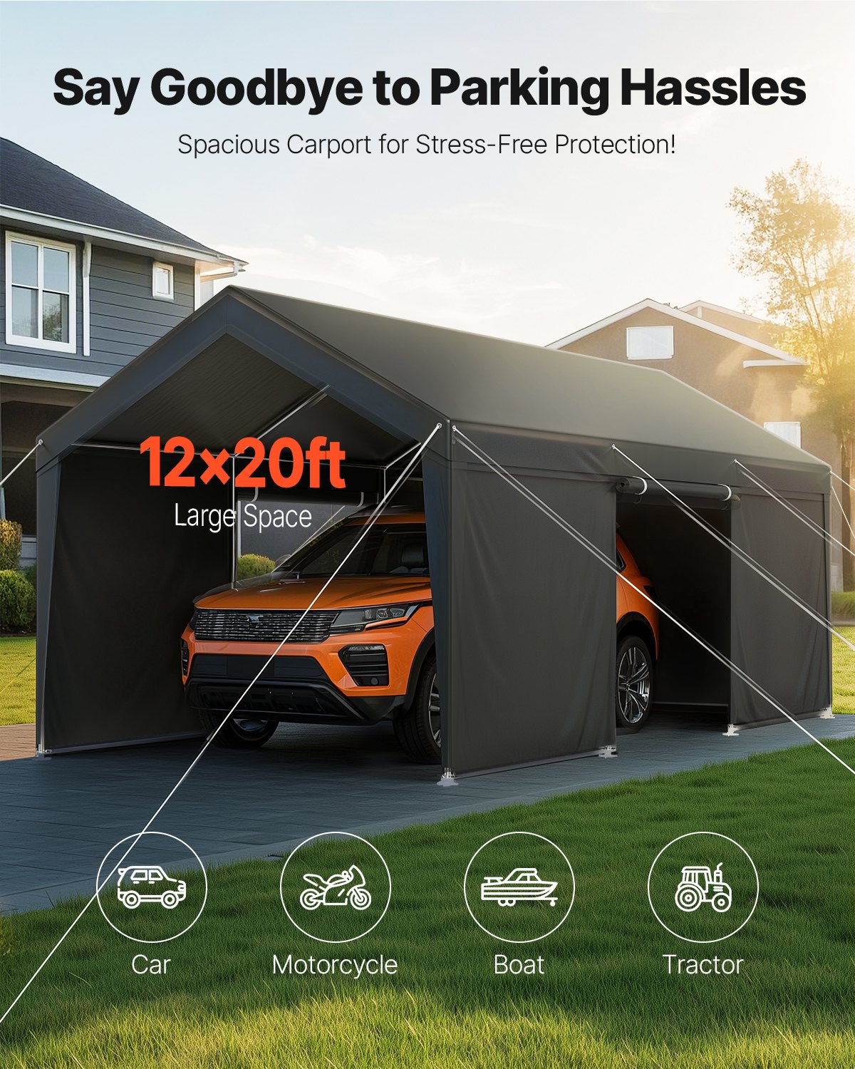 Carport, 12 X 20 FT Outdoor Car Canopy, Potable Carport With Removable Sidewalls & Door, Heavy Duty Car Shelter,… - 2