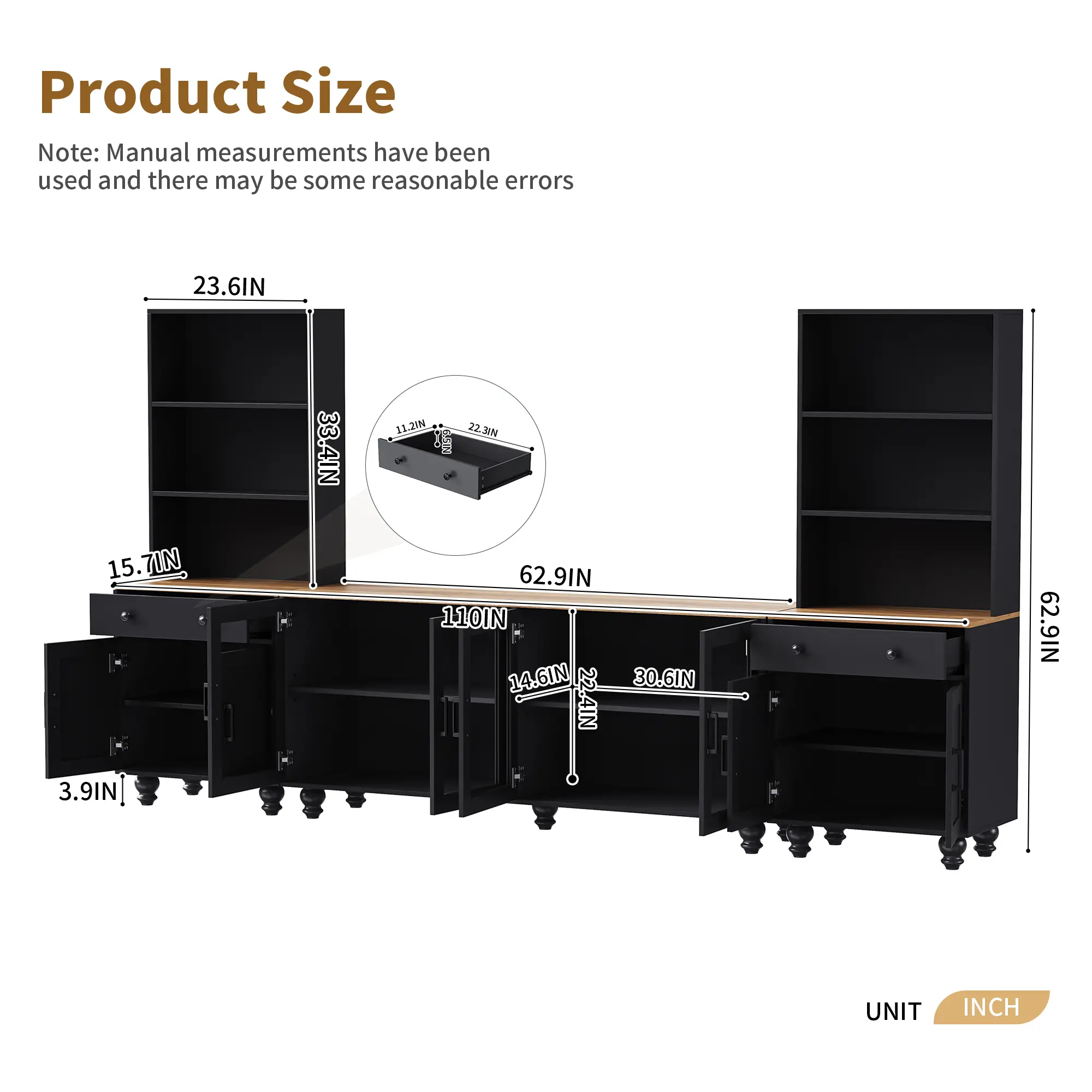 ON-TREND Farmhouse TV Stand With Solid Wood Gourd-Shaped Legs For TVs Up To 70, Entertainment Center With Bookshelves & Tempered Glass Doors, Media Console With