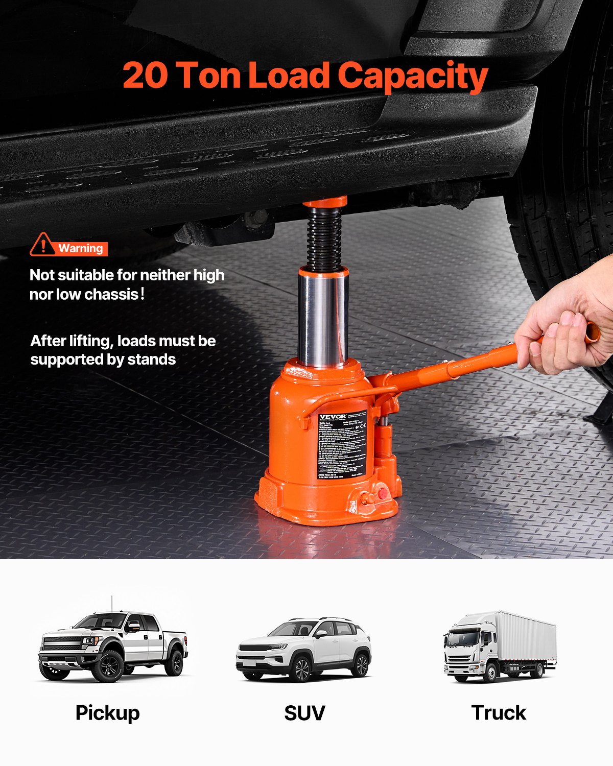 Hydraulic Bottle Jack, 20 Ton/44092 Lbs Welded Bottle Jack With 6.69''-12.6'' Lifting Range & 3-Section Long Handle, For Car, Pickup, Truck, RV, Auto Repair, Industrial Engineering