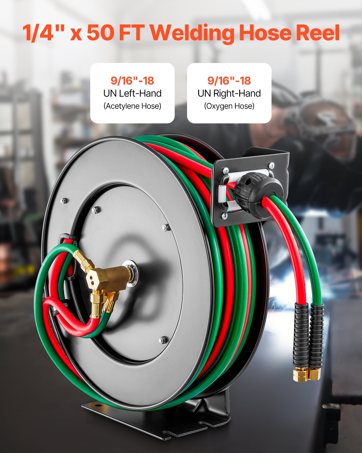 Retractable Welding Hose Reel, 1/4-Inch X 50FT Twin Oxygen Acetylene Rubber Hose Max 300PSI - R Grade, Ceiling/Wall Mount Heavy Duty Steel Hose Reel Auto-Rewind, Ideal For Workshops Garages