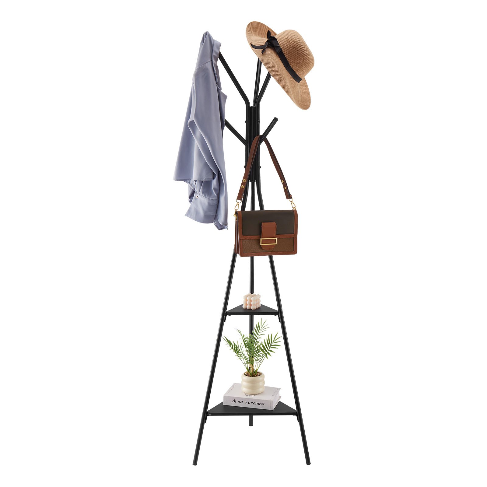 Coat Rack, Freestanding Coats Rack Stand With 2 Shelves & 6 Hooks, Free Standing Hall Coat Tree For Entryway, Bedroom, Living Room, Modern Clothes Hanger Stand For Coats, Hats, Scarves, Handbags