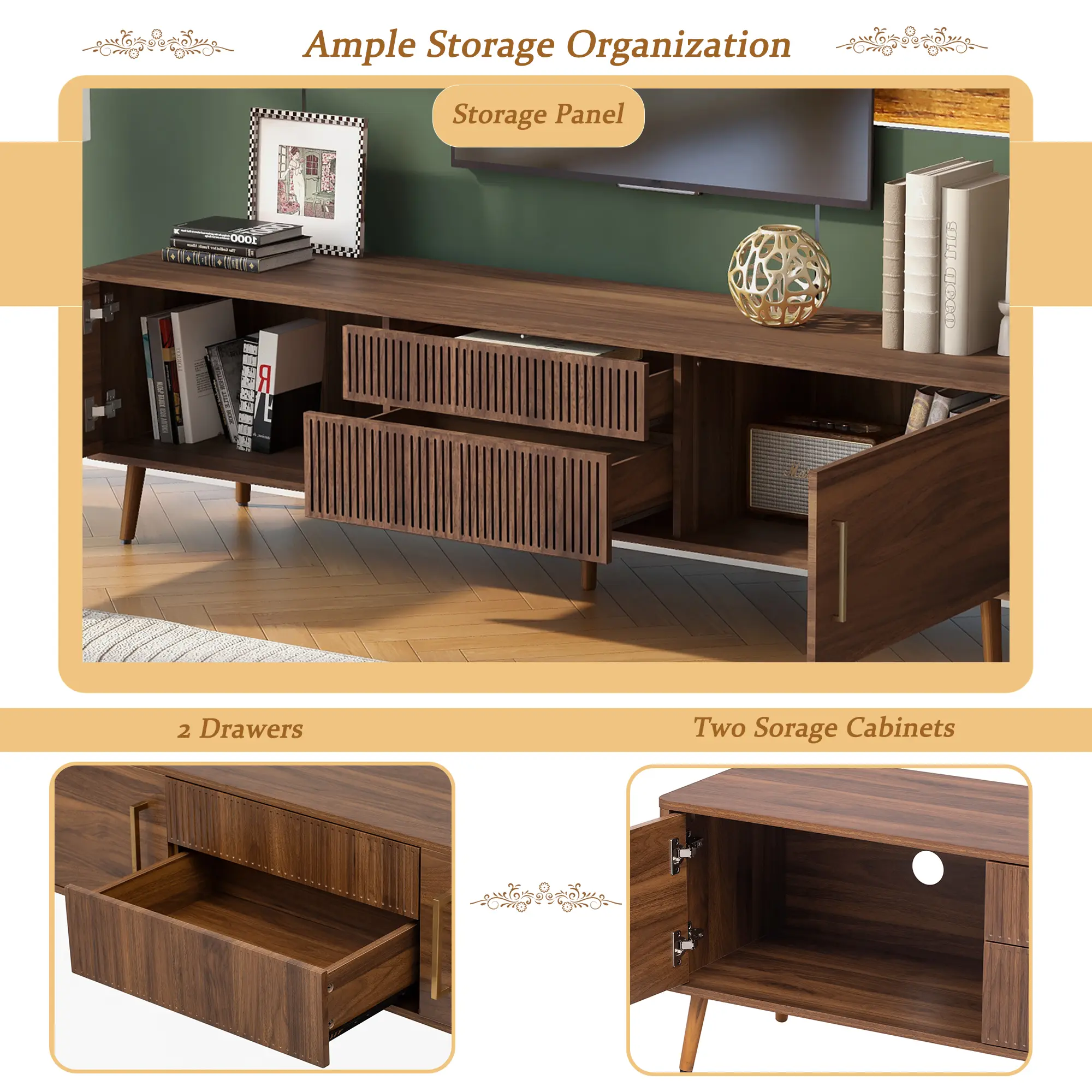 Mid Century TV Stand With 2 Drawers, Media Console Table For TVs Up To 80'', Entertainment Center With Storage For Living Room, Bedroom, Home Theatre